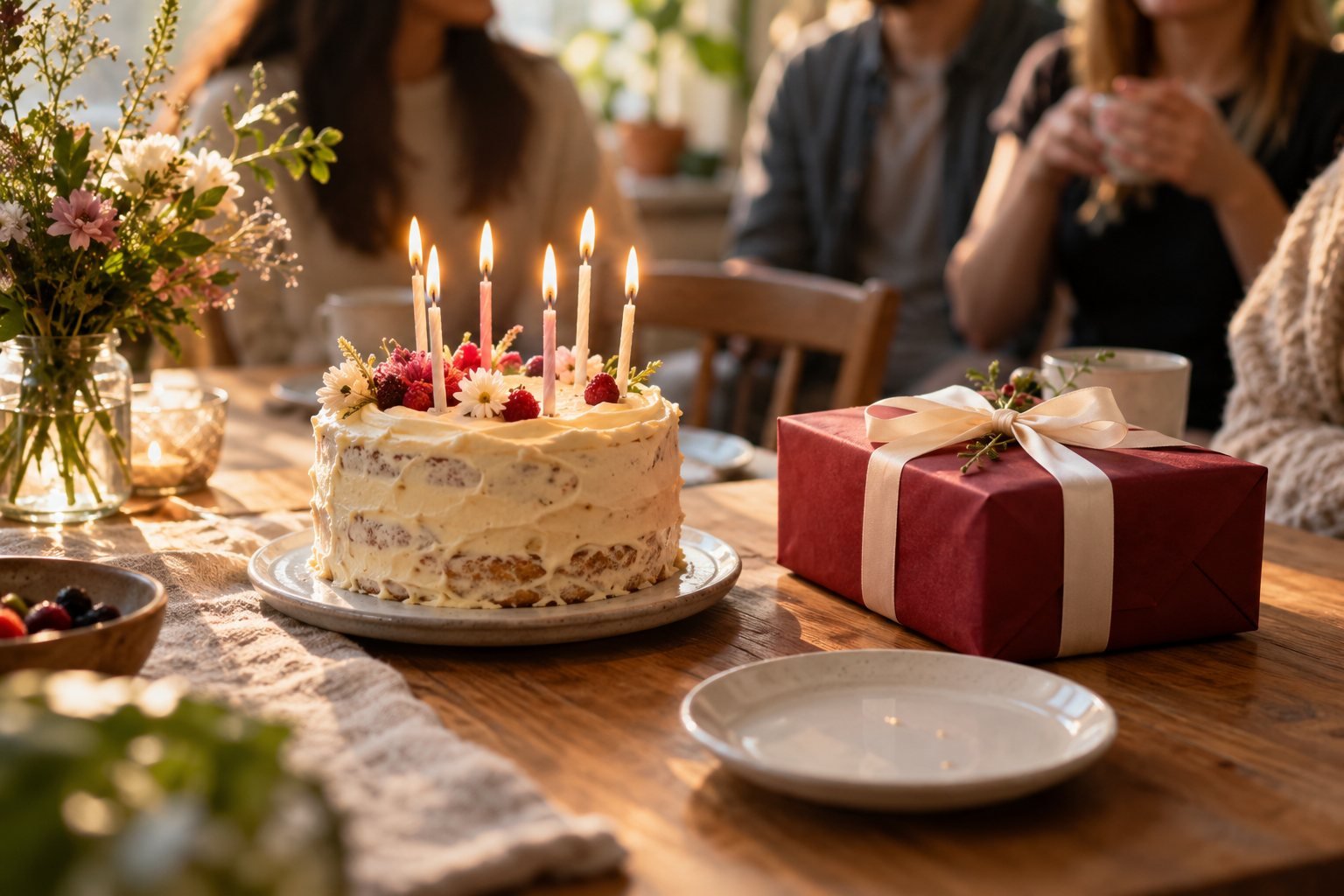 A birthday cake with lit candles beside a red wrapped present