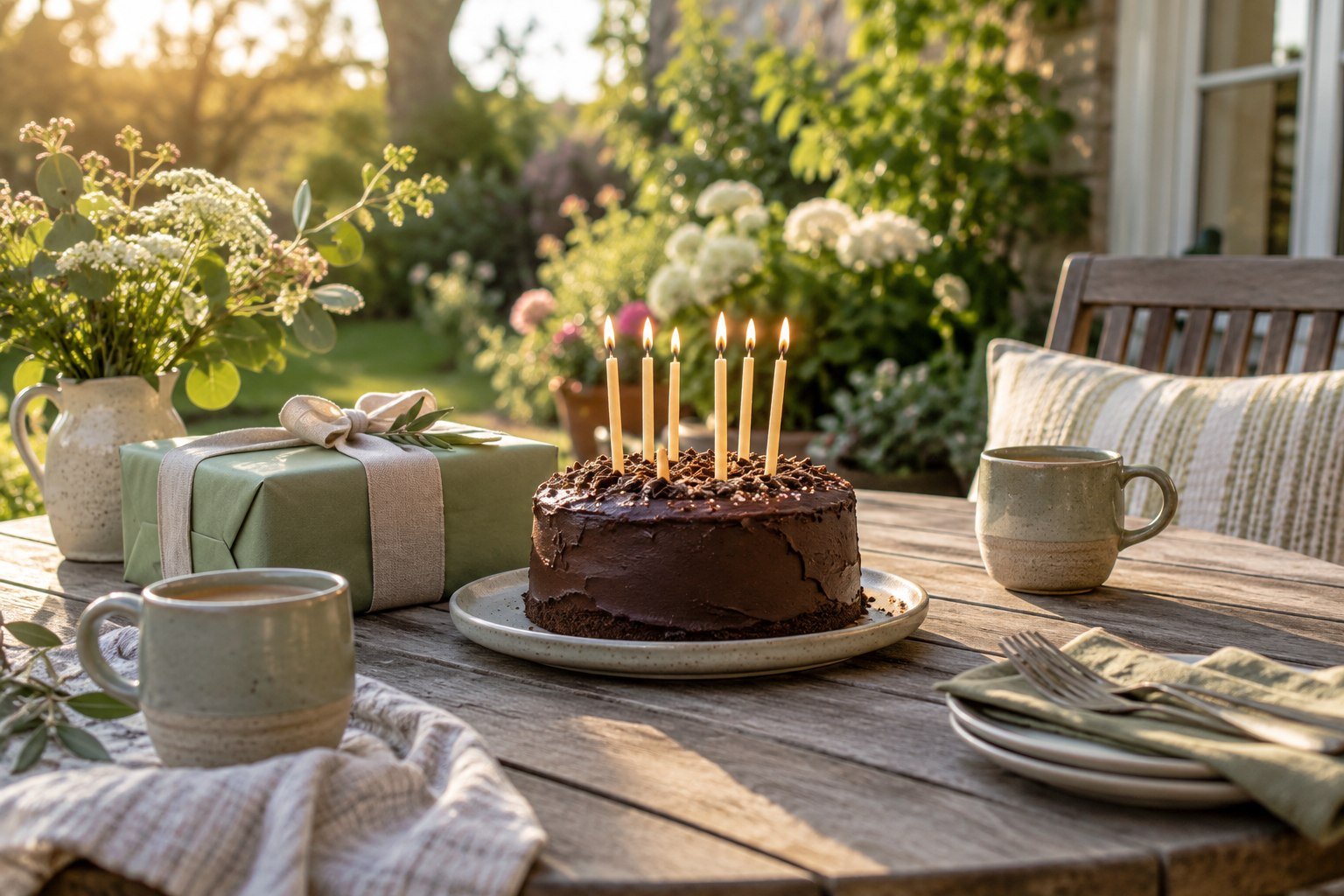 A birthday cake and sage-green present on a leafy garden patio