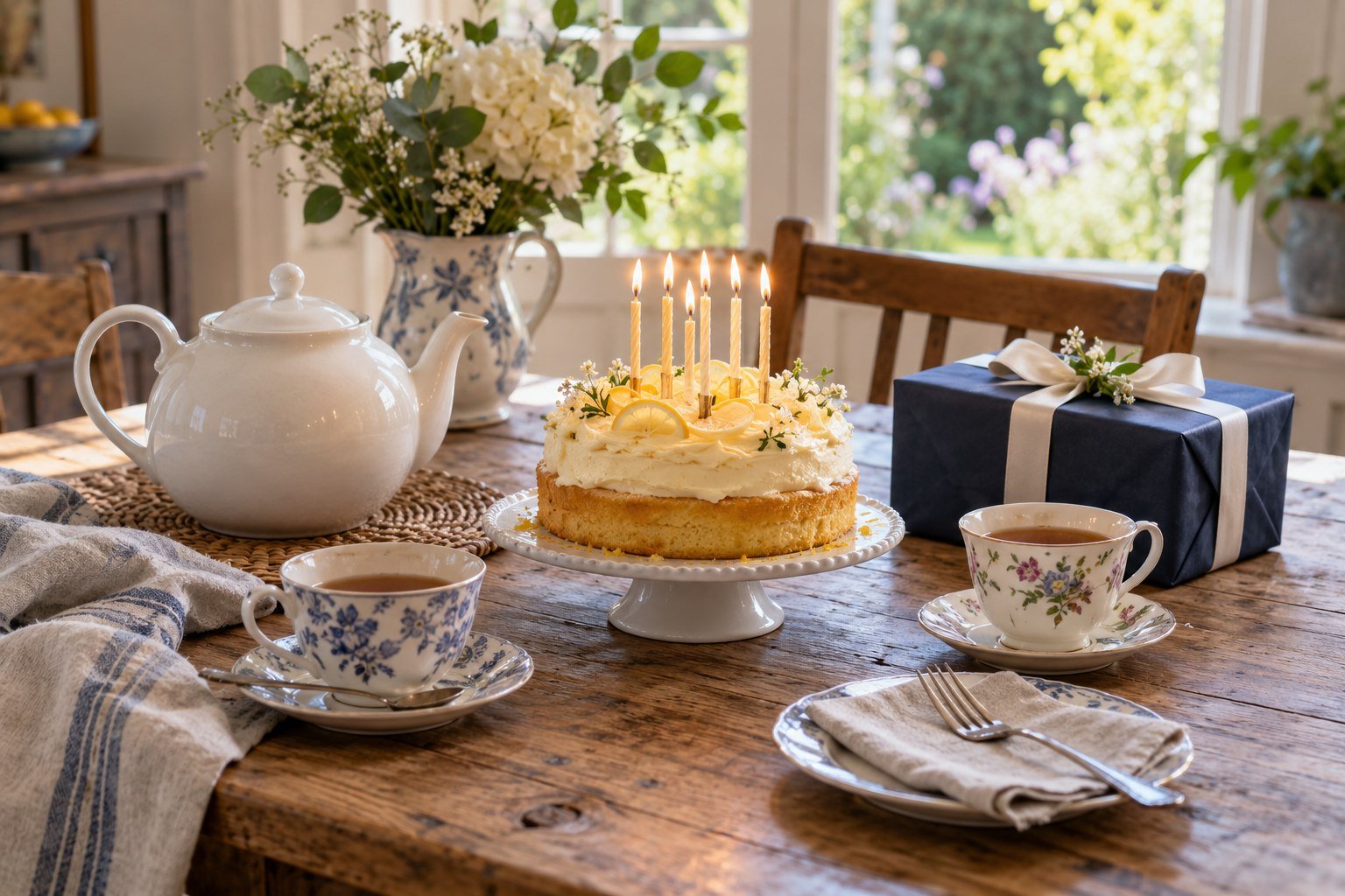 A birthday afternoon tea with a lemon cake and navy-blue wrapped present