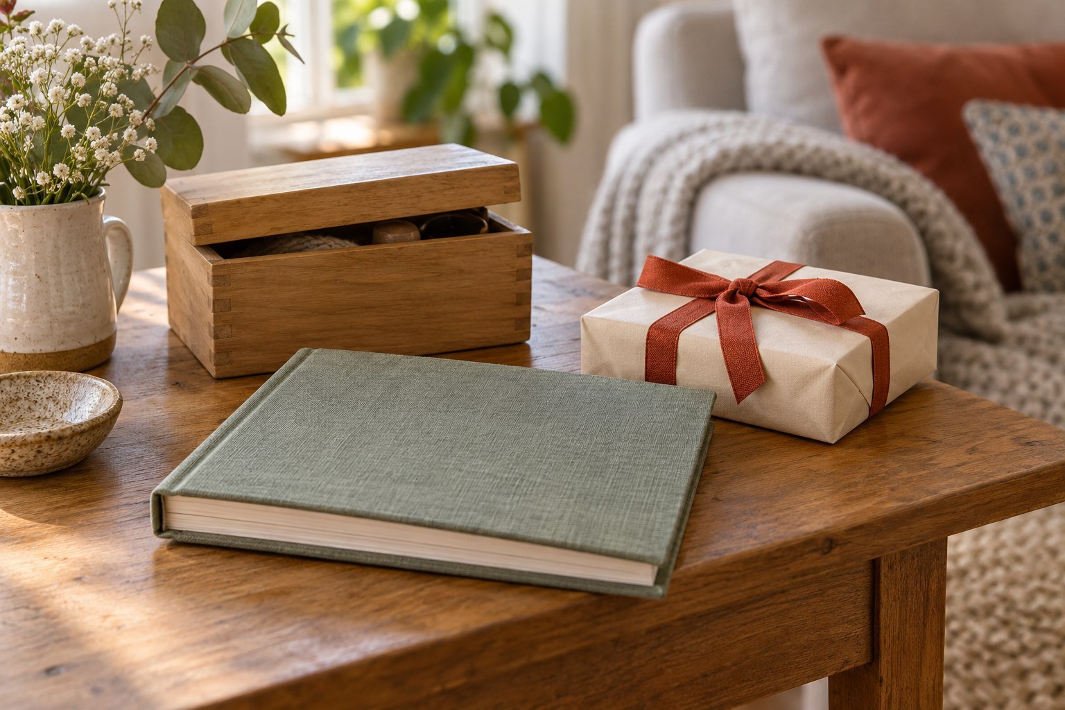 A wooden keepsake box, clothbound album and cream-wrapped present on a side table