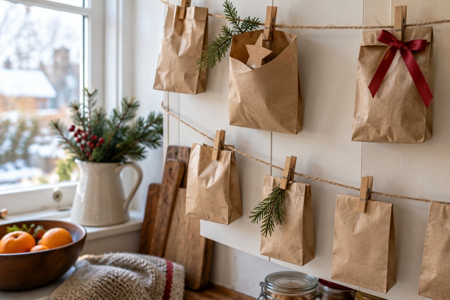 Kraft-paper Advent bags hanging beside a kitchen window, with a wooden star and red ribbon