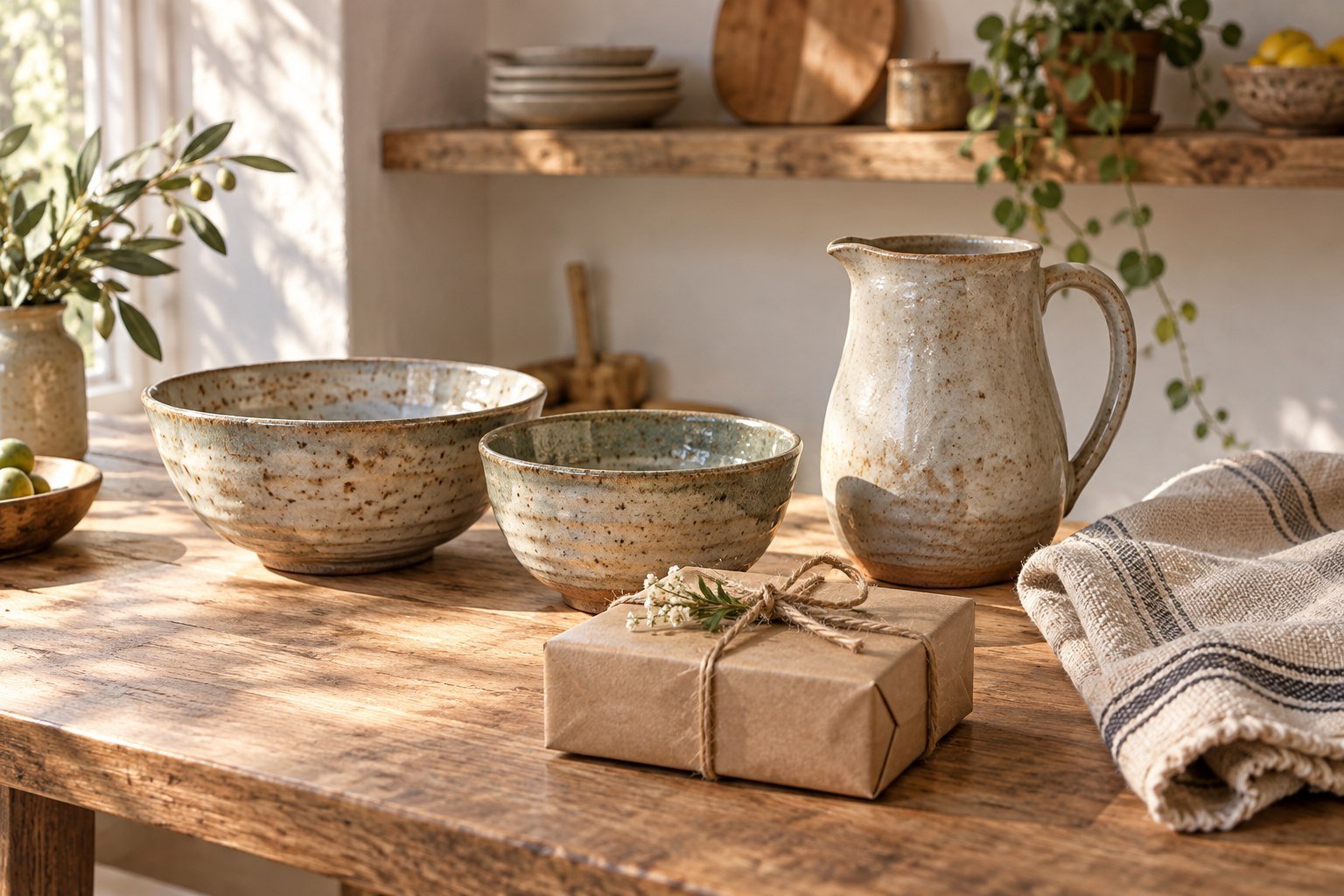 Hand-thrown ceramic bowls and a jug beside woven linen and a small wrapped gift