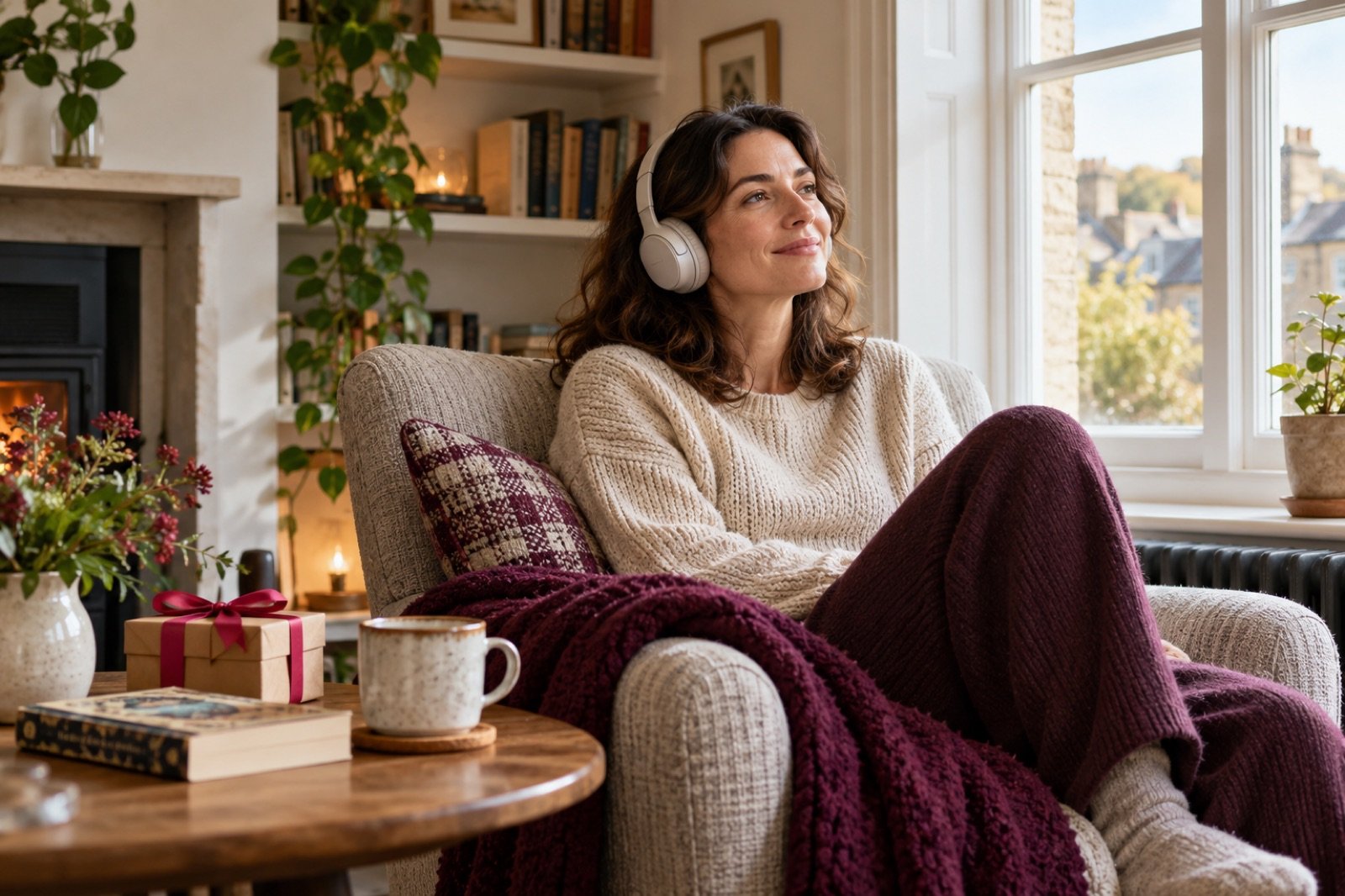 An adult enjoying an audiobook through headphones beside a window