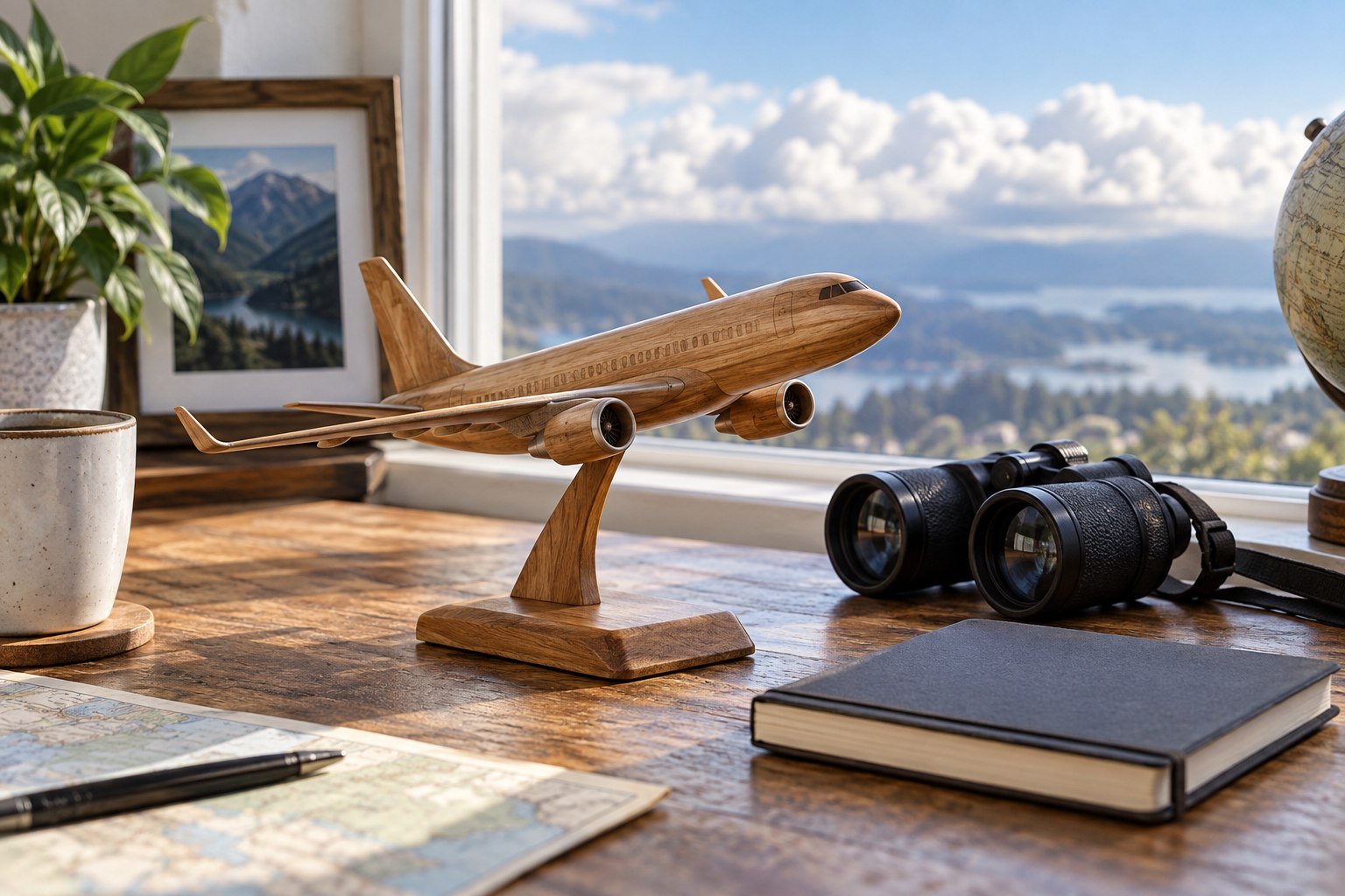 A wooden model aeroplane, binoculars and a notebook beside a window