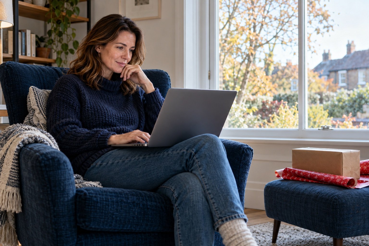A woman browsing on a laptop beside a window, with a parcel and Christmas wrapping nearby
