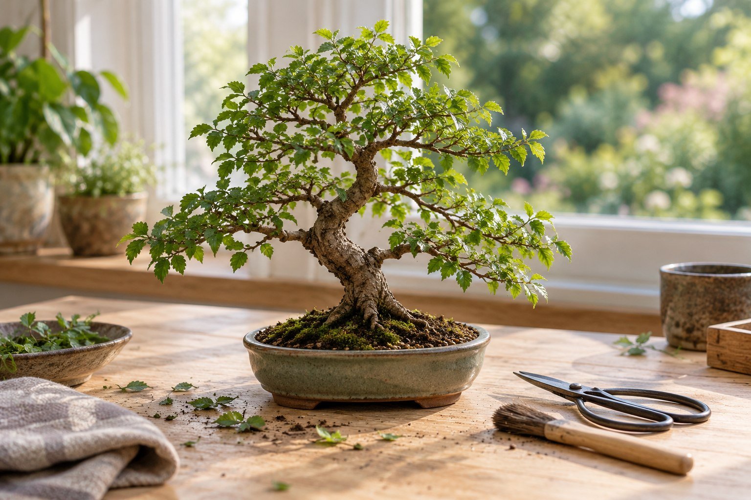 A small elm bonsai beside pruning scissors and a soil brush on a wooden table