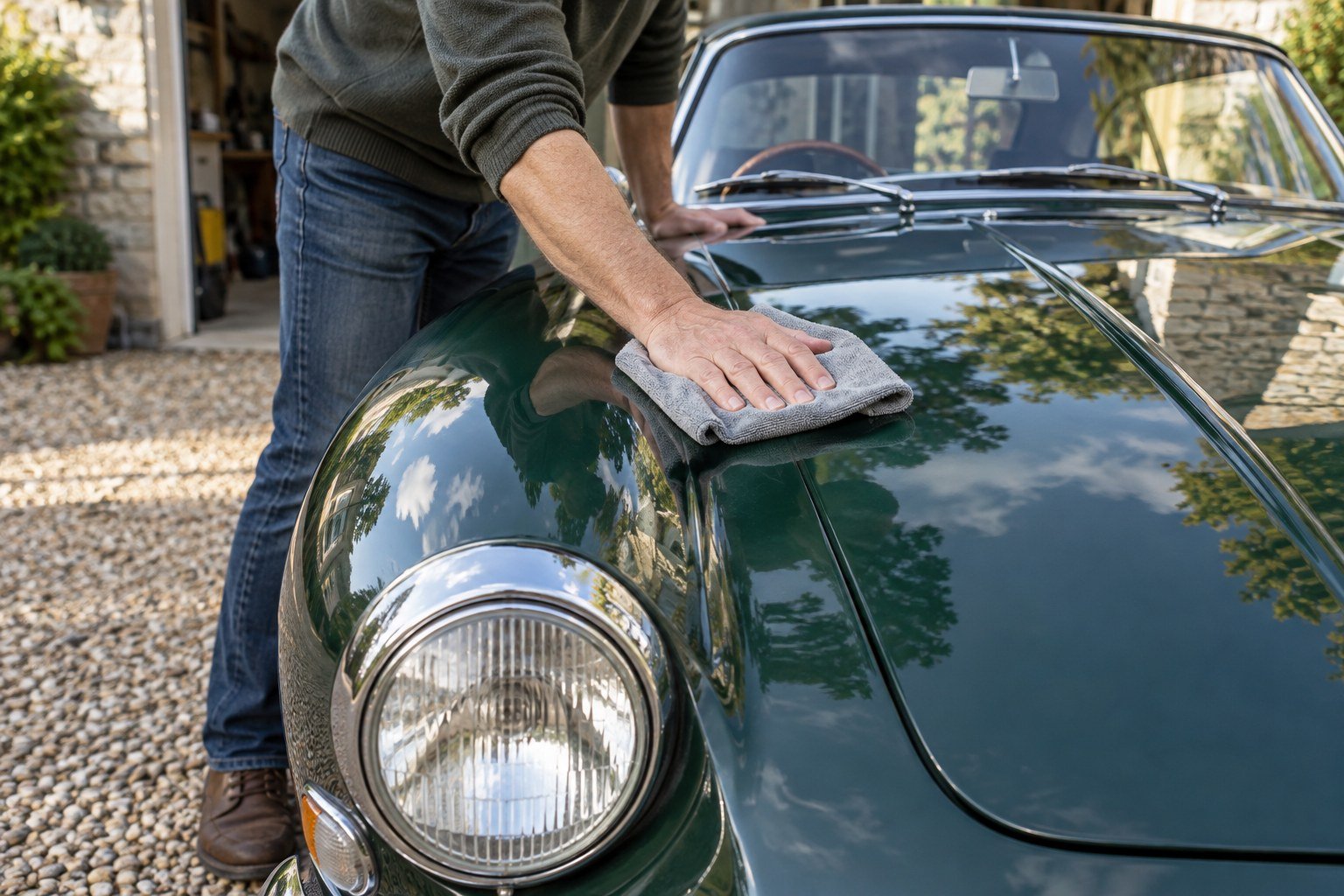 A car enthusiast polishing the bonnet of a dark green car
