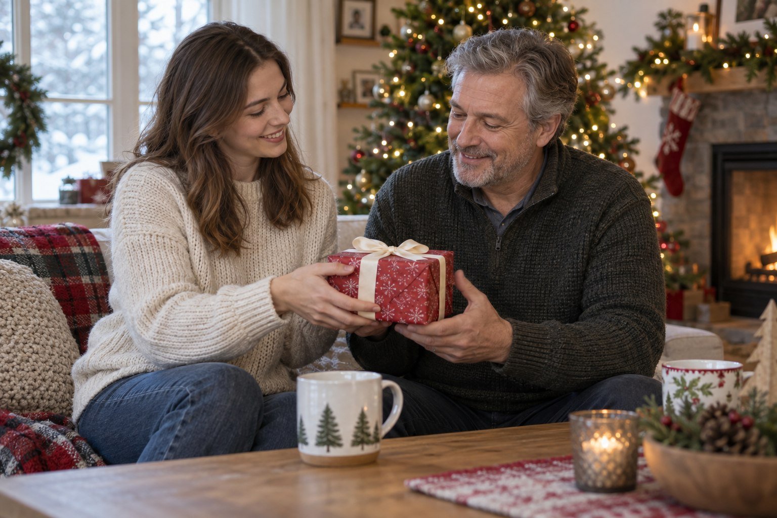 An adult daughter giving her dad a wrapped Christmas present