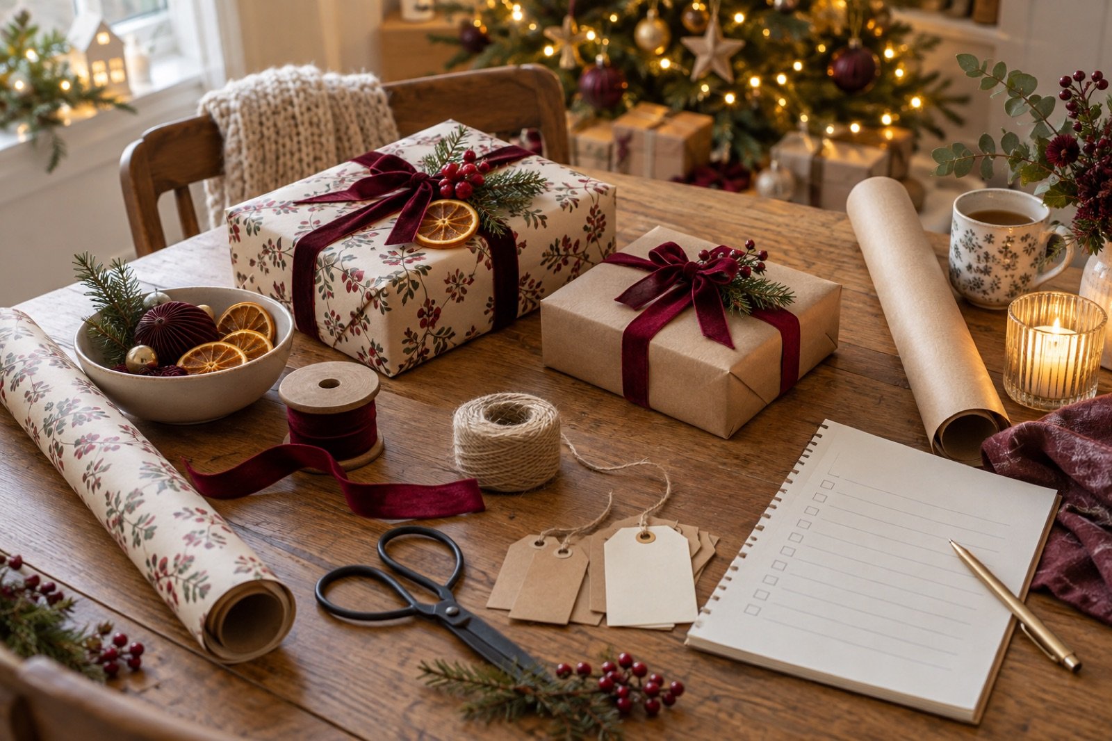 Christmas presents and wrapping materials on a wooden table