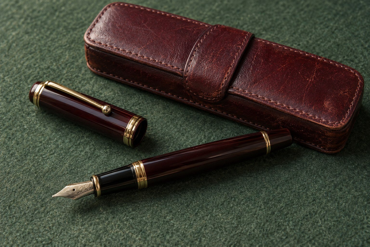 A fountain pen and oxblood leather case on green felt