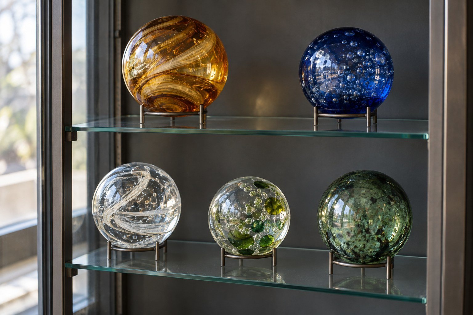 A collection of ornamental glass spheres displayed in a cabinet