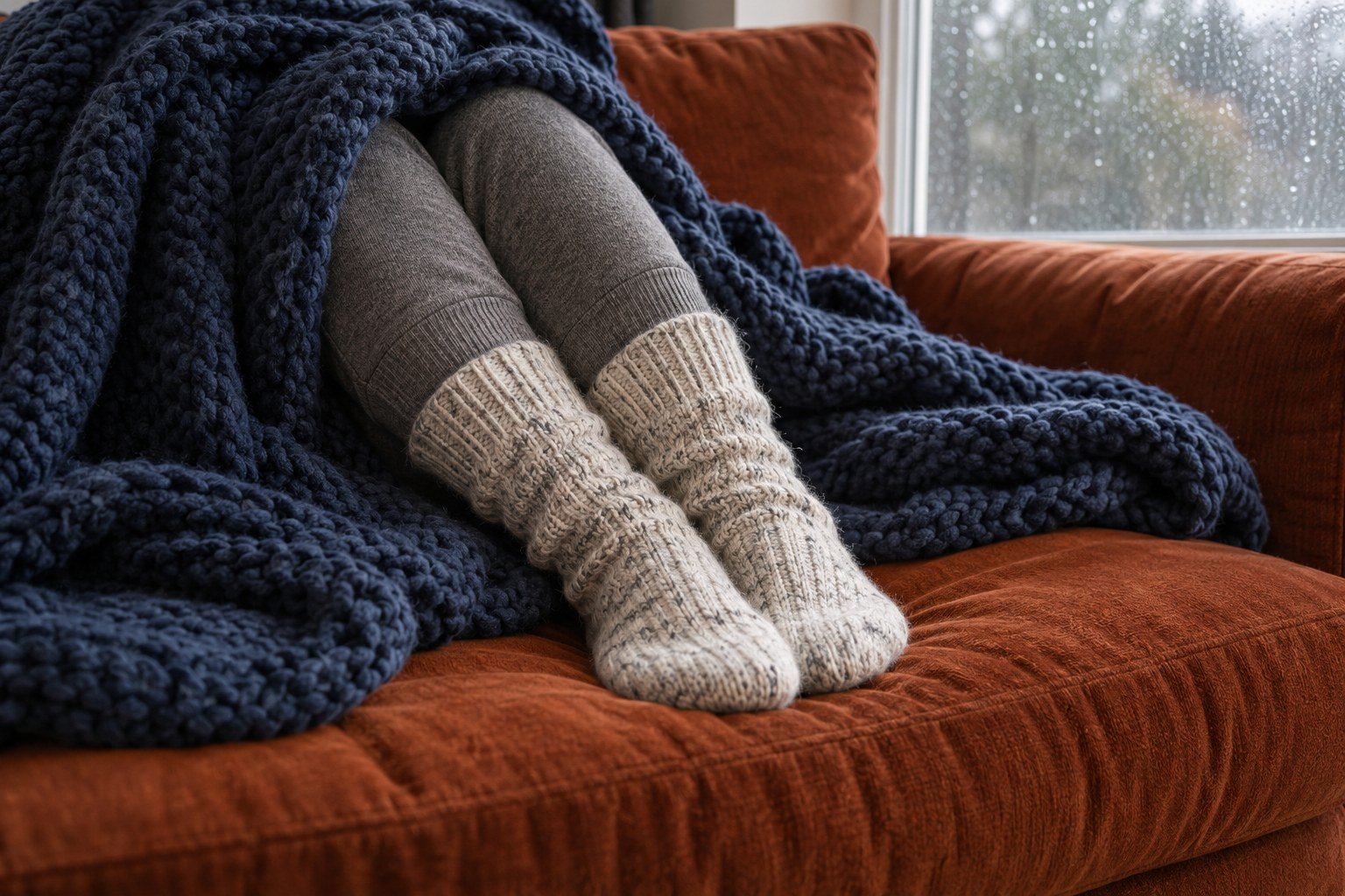 Wool-socked feet resting under a navy knitted throw on a russet sofa