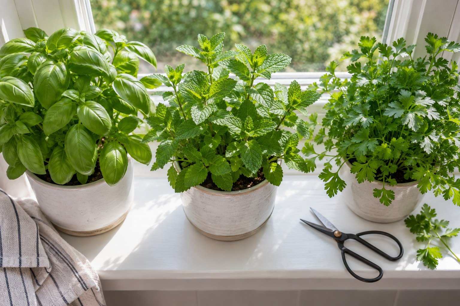 Basil, mint and parsley growing in ceramic pots on a kitchen windowsill