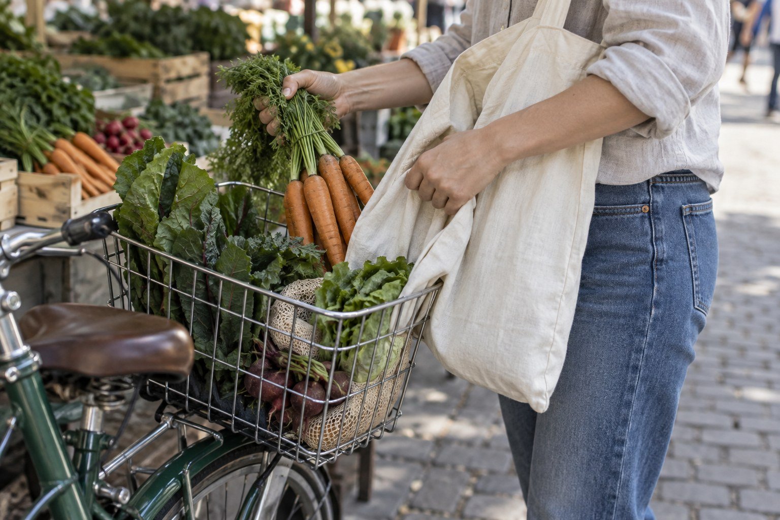 A reusable cotton shopping bag and loose vegetables in a bicycle basket