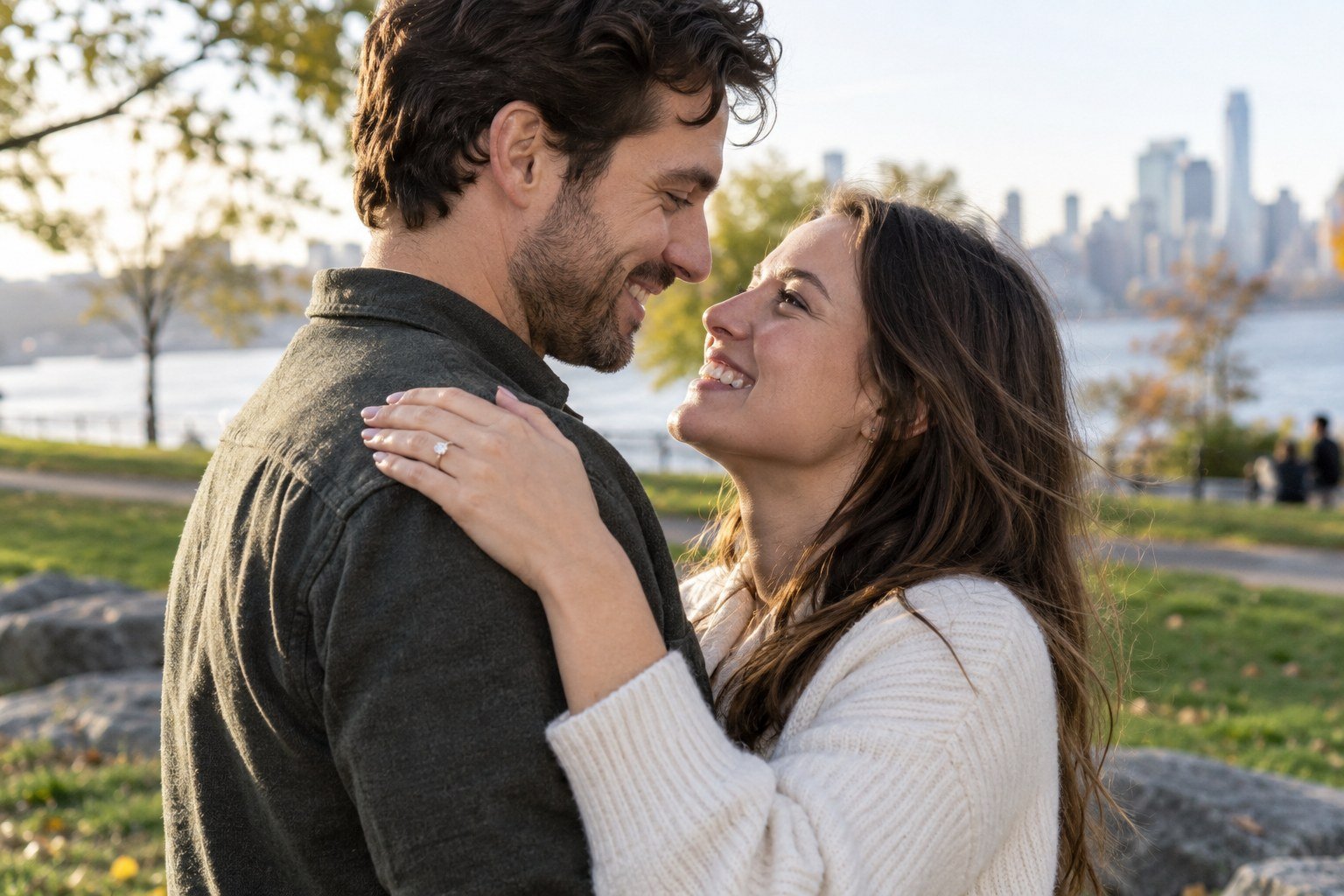 An engaged couple embracing outdoors with an engagement ring visible