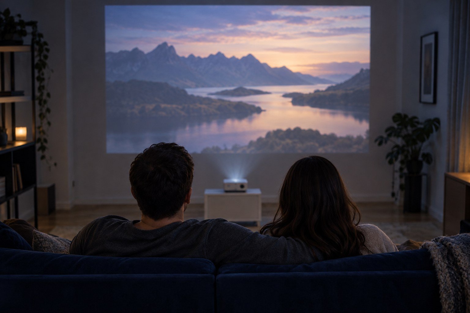Two people watching a projected landscape during a home cinema evening