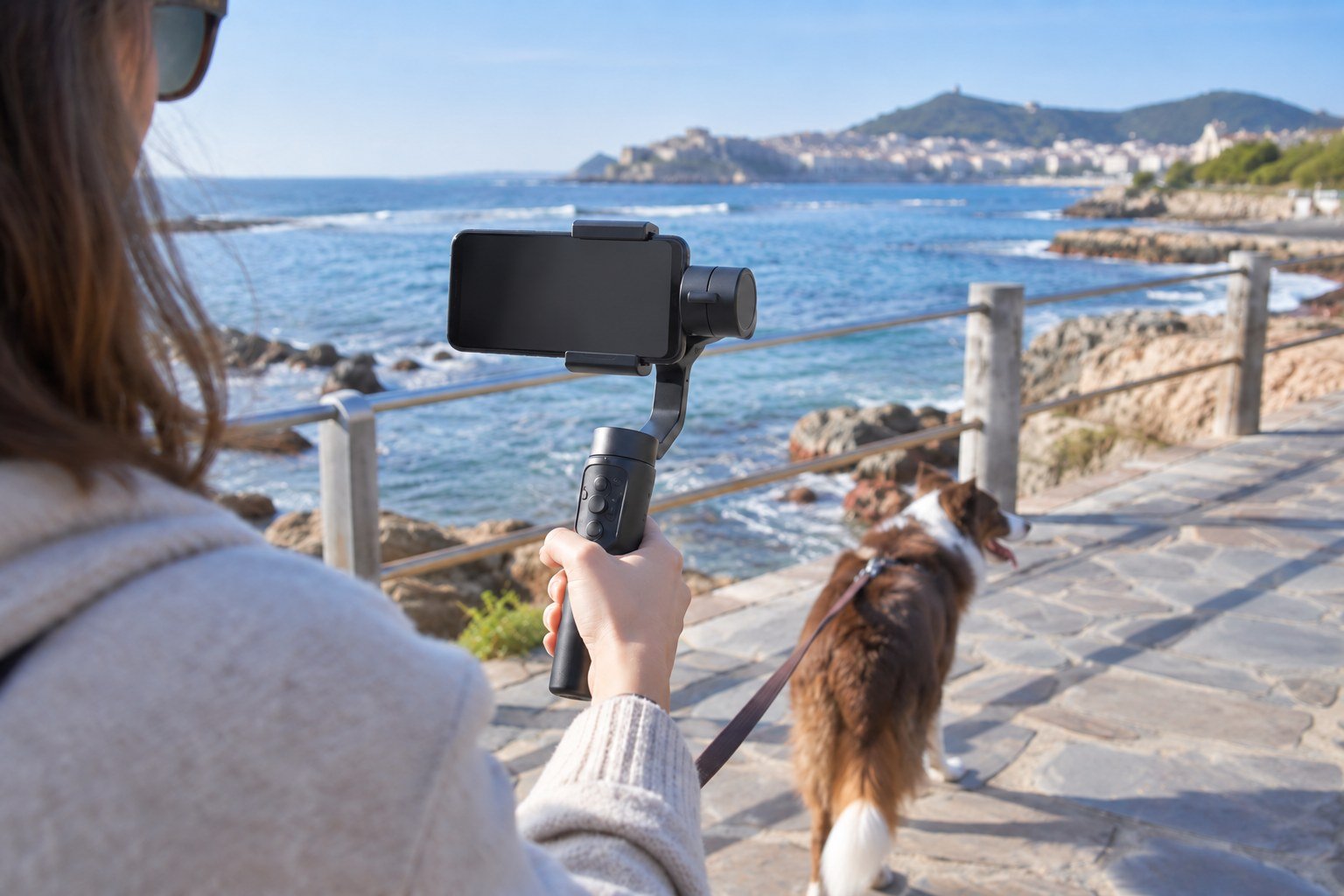 A person holding a phone gimbal beside a dog on a seaside promenade