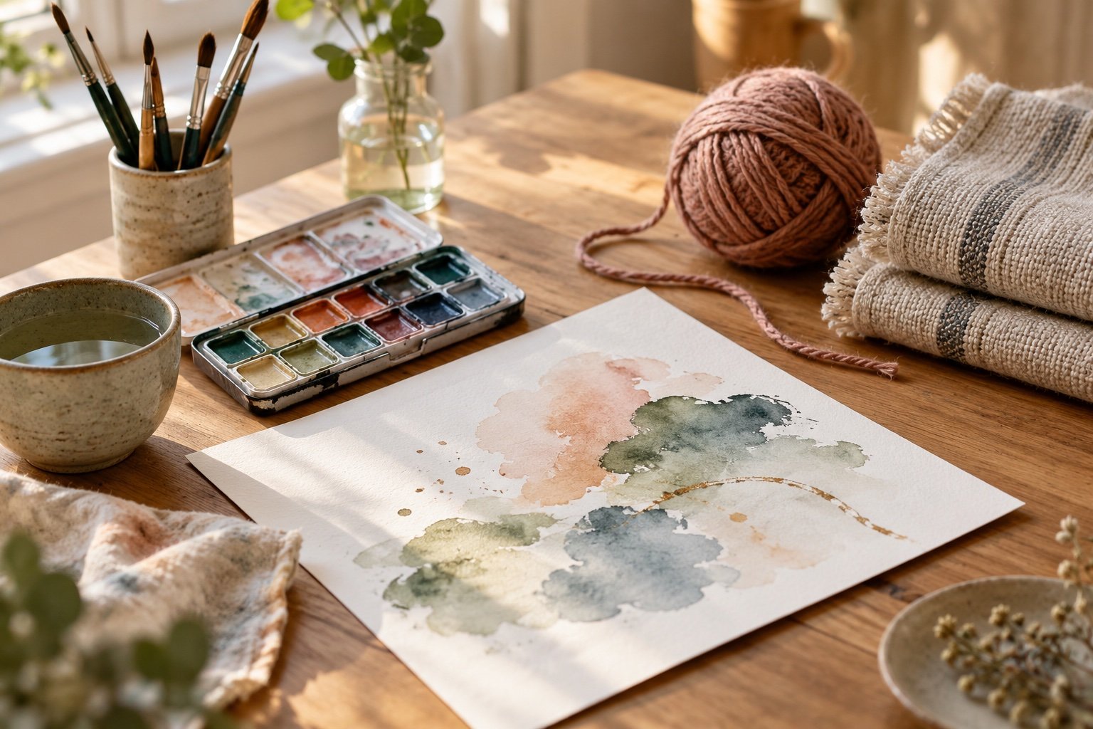 Watercolour paints, brushes, yarn and fabric on a creative worktable