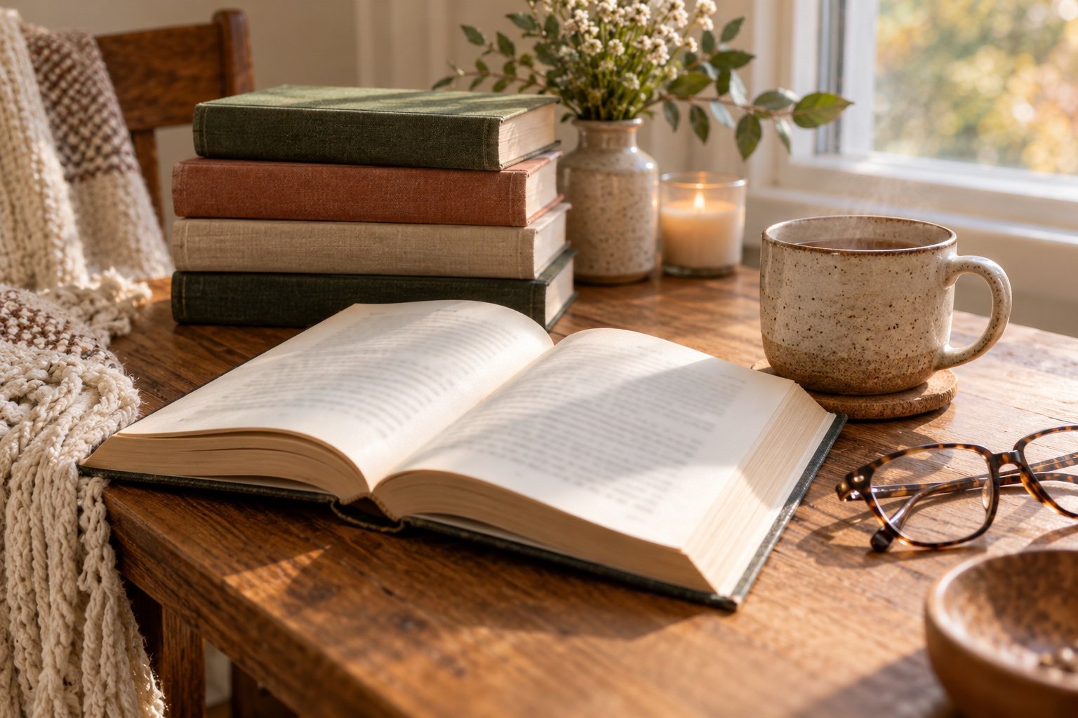 Unbranded books, reading glasses and a mug beside a window