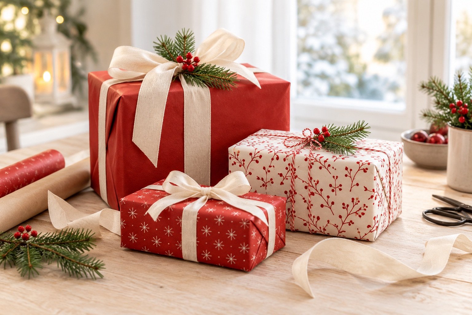 Red and white Christmas presents on a sunlit wrapping table