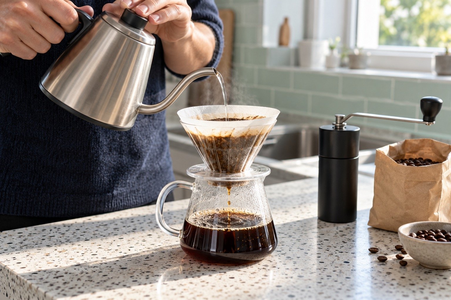 Coffee being poured through a paper filter beside a hand grinder and coffee beans