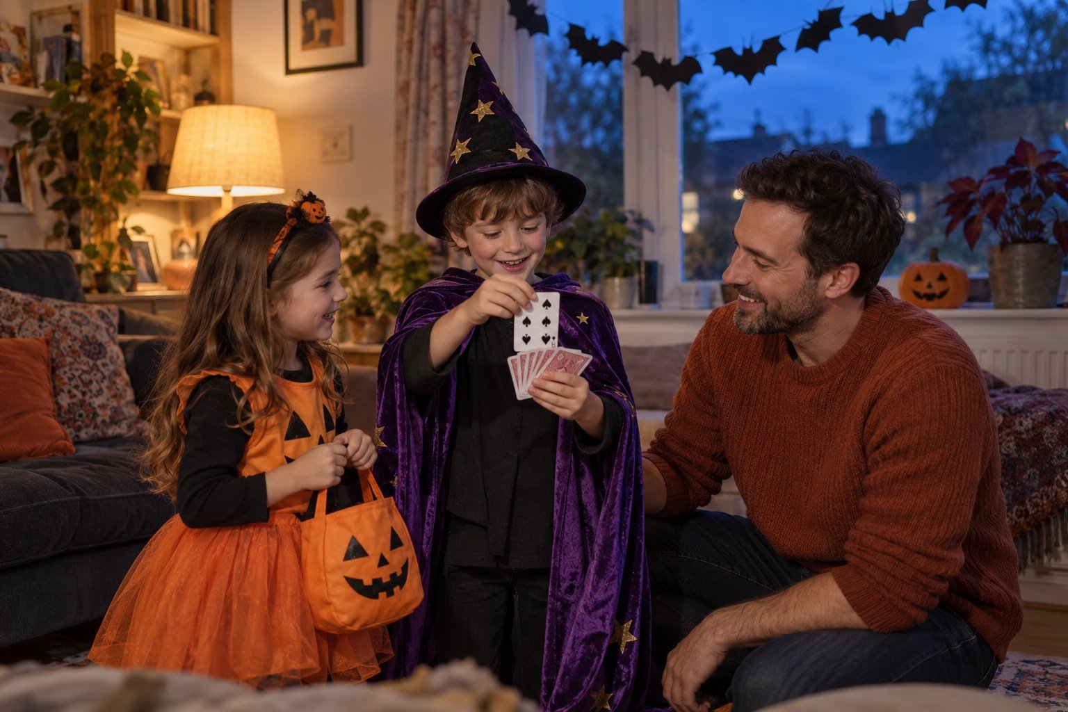 A child in a purple magician costume showing a card trick to family during a cheerful Halloween evening