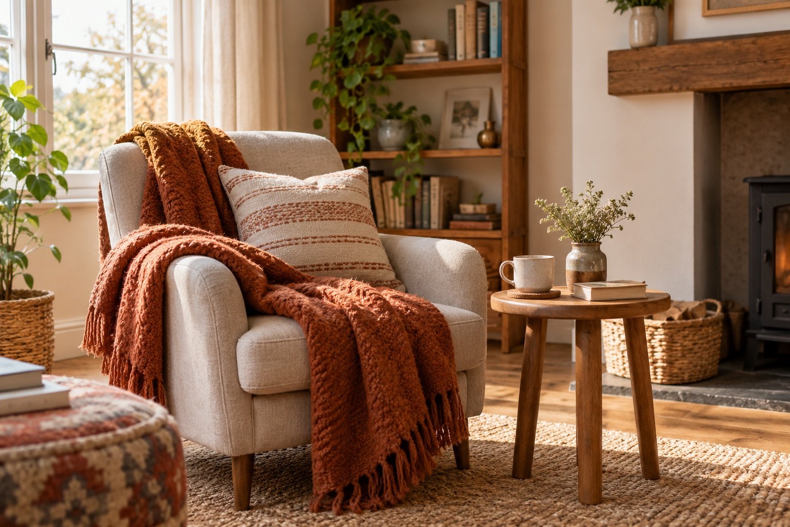 A cosy armchair with a soft throw and warm ceramic accessories