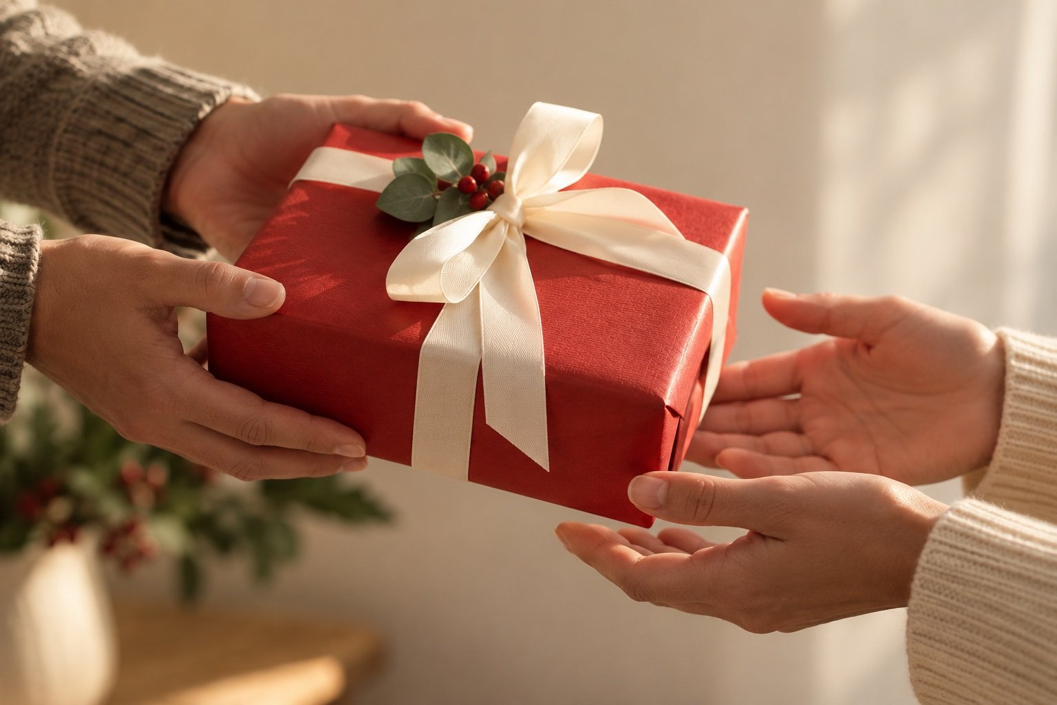 Hands offering a wrapped red present