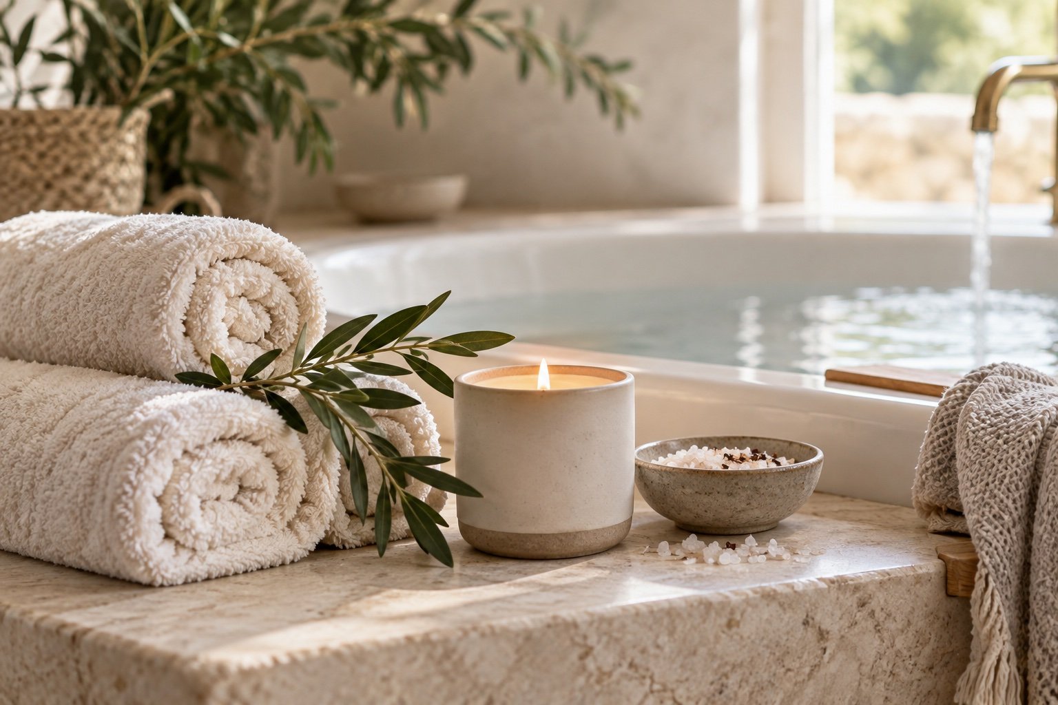 Rolled cream towels, a ceramic candle and a leafy sprig beside a bath
