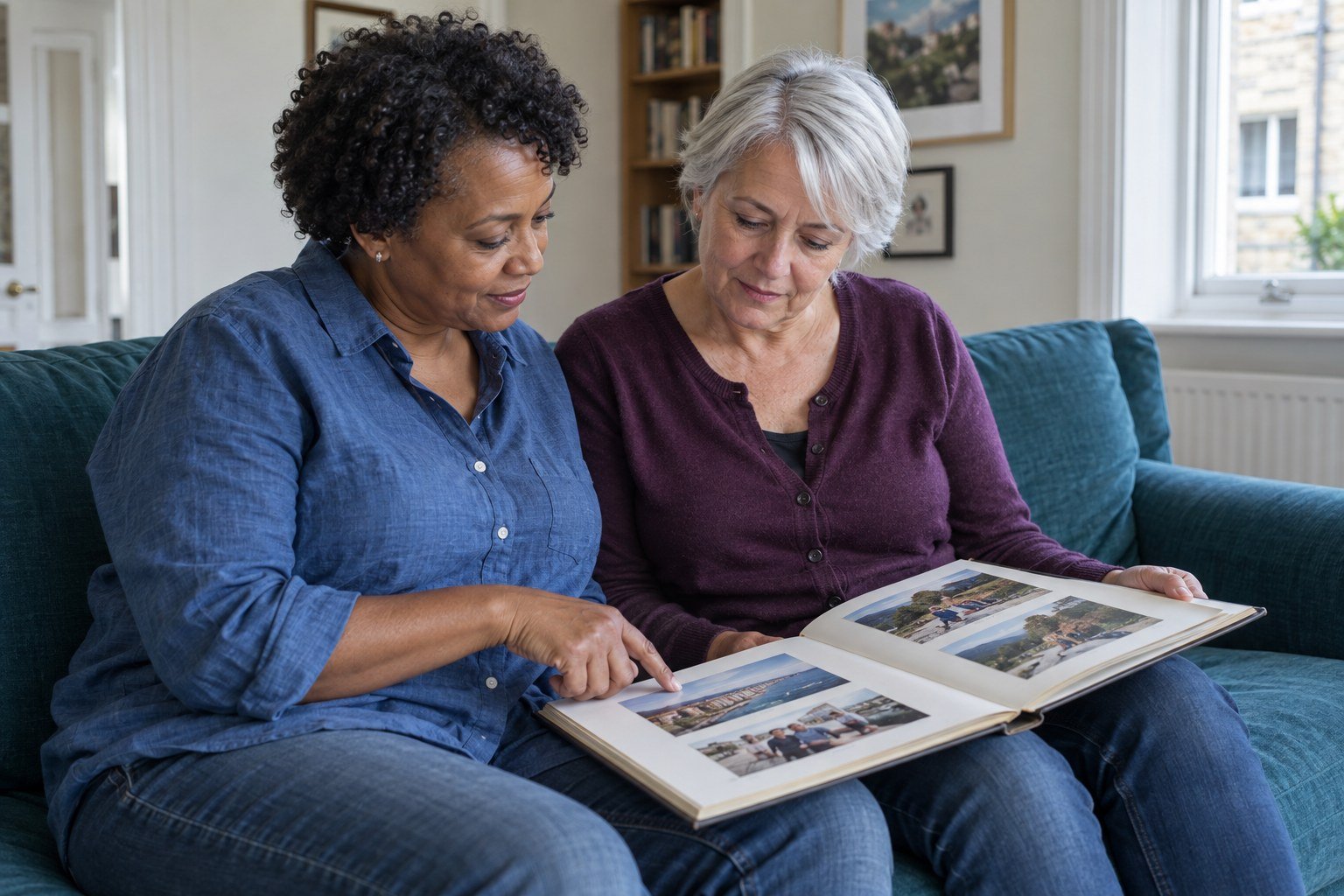 Two women looking through a photo album together on a teal sofa