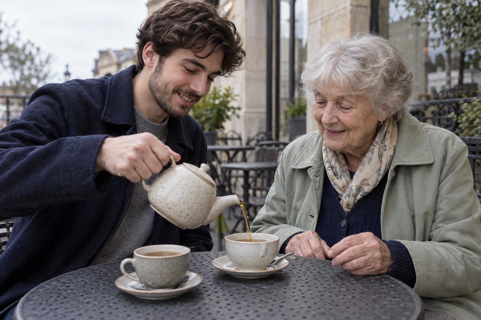 A grandmother and adult grandson sharing tea on a cafe terrace
