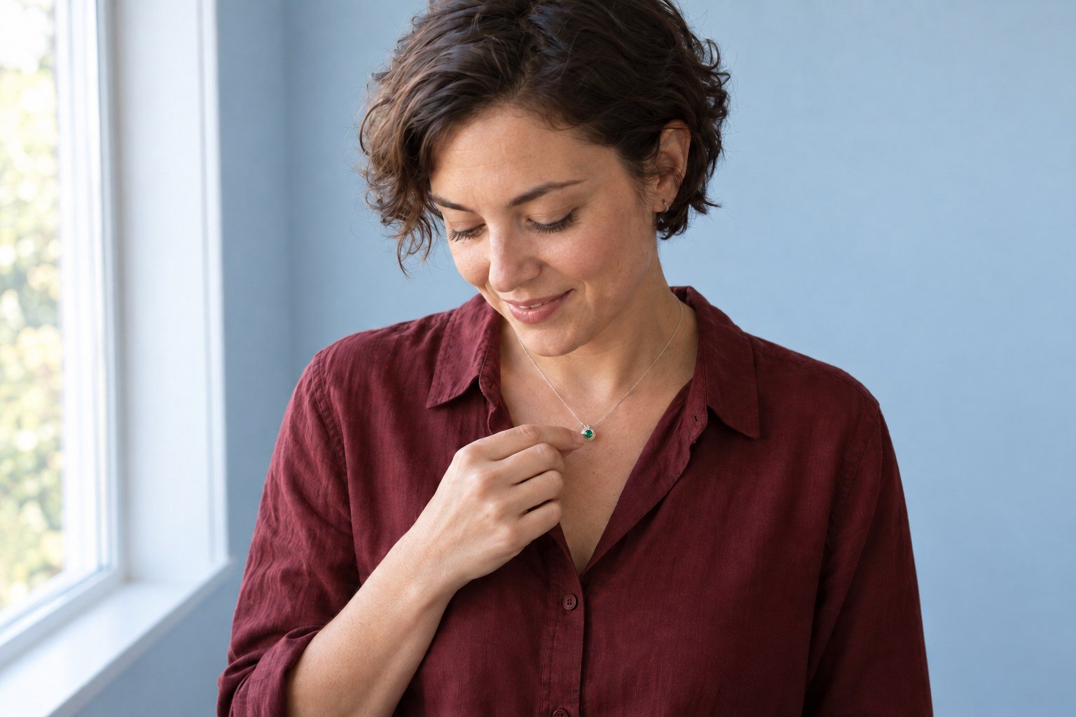 A woman looking down at a small green pendant necklace