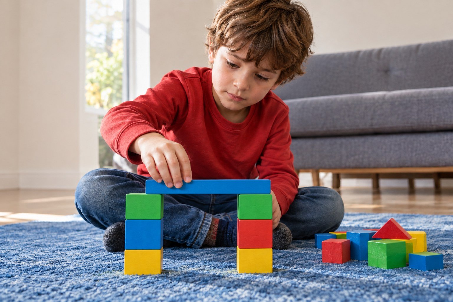 A child building a colourful block bridge on a blue rug