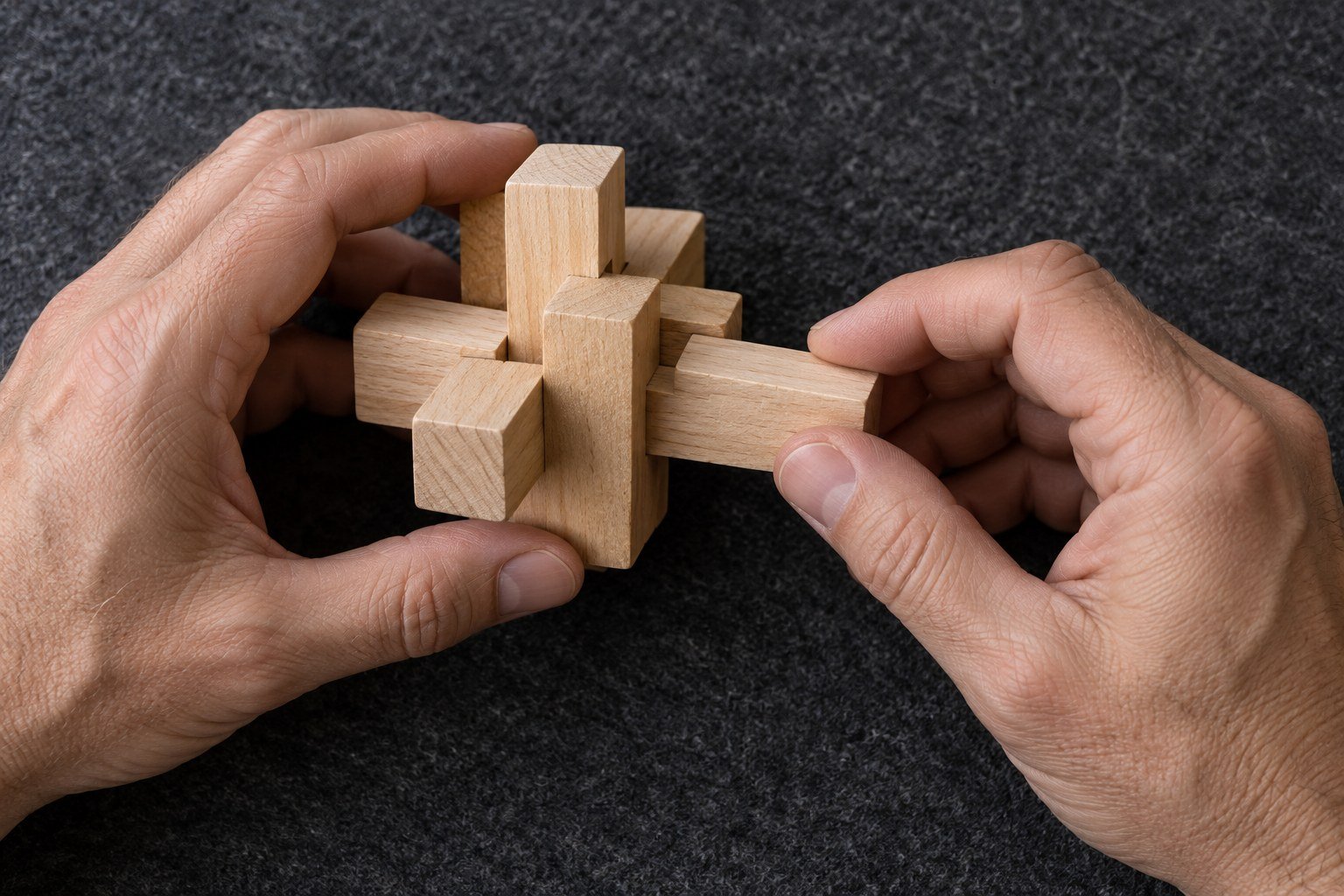 Hands working on an interlocking wooden brain-teaser puzzle