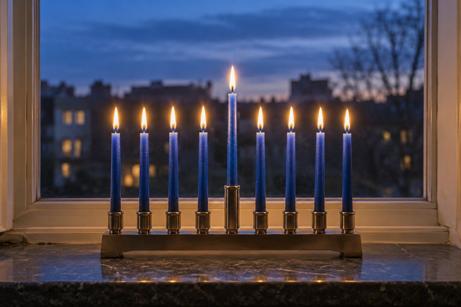 Nine lit blue candles in a Hanukkah lamp on a windowsill