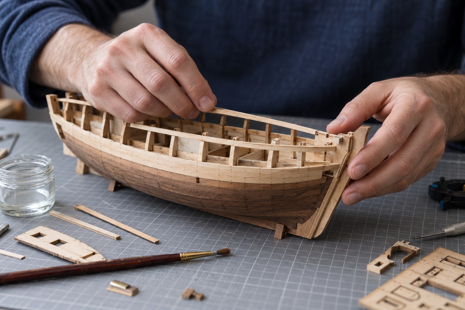 Hands assembling a wooden model sailing boat