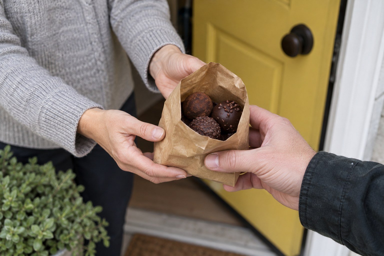 A small bag of chocolate truffles being handed over at a doorway
