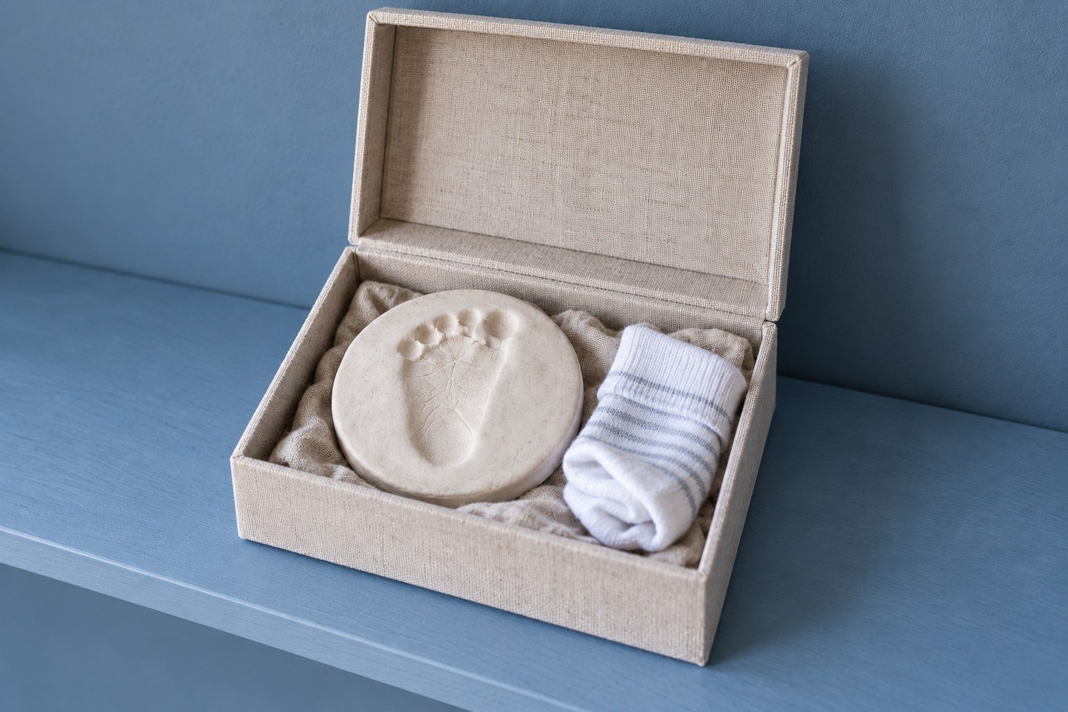 A clay baby footprint and small sock in a keepsake box