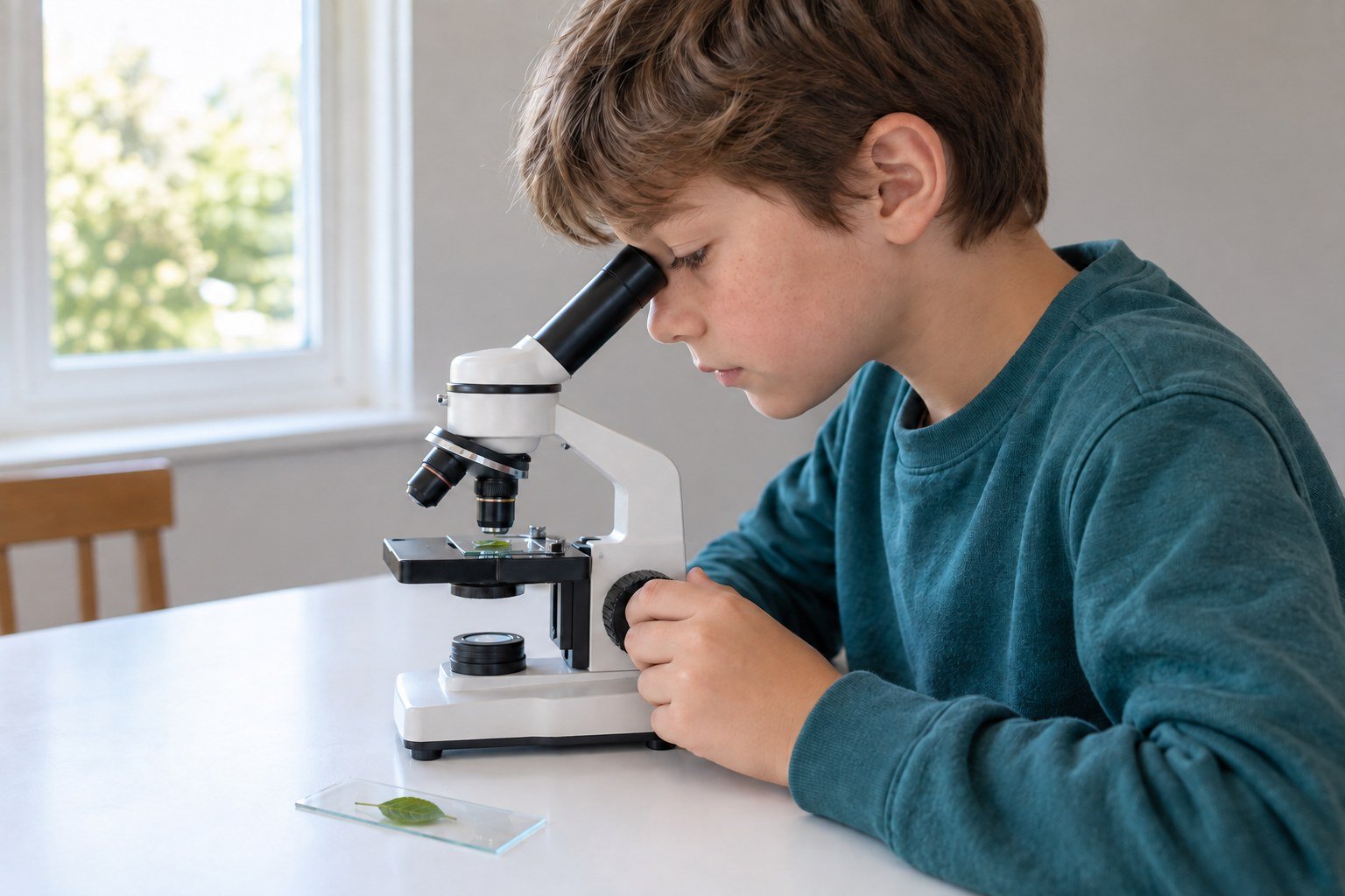 A child examining a leaf through a microscope