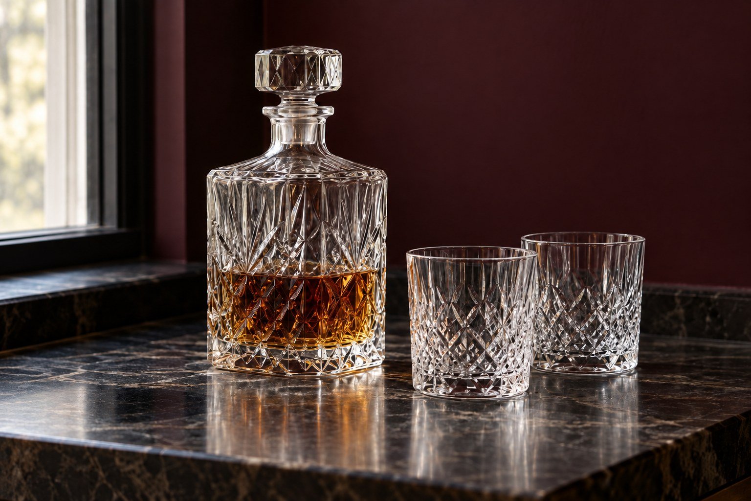 A cut-crystal decanter beside two matching tumblers