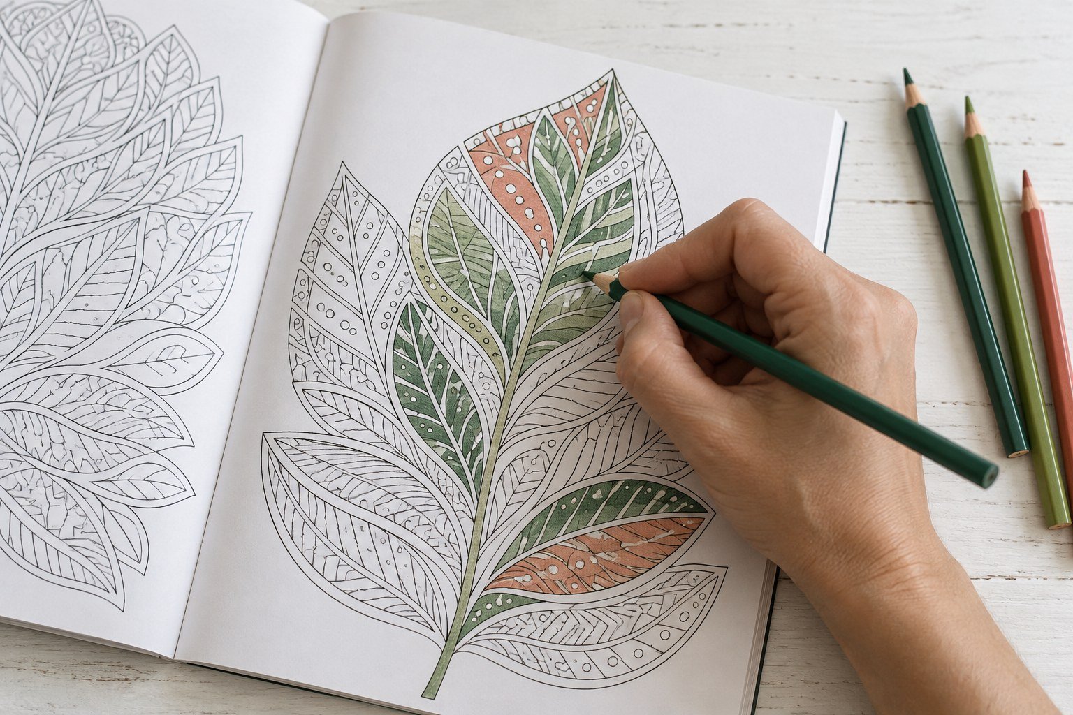 A hand colouring a leaf pattern beside coloured pencils