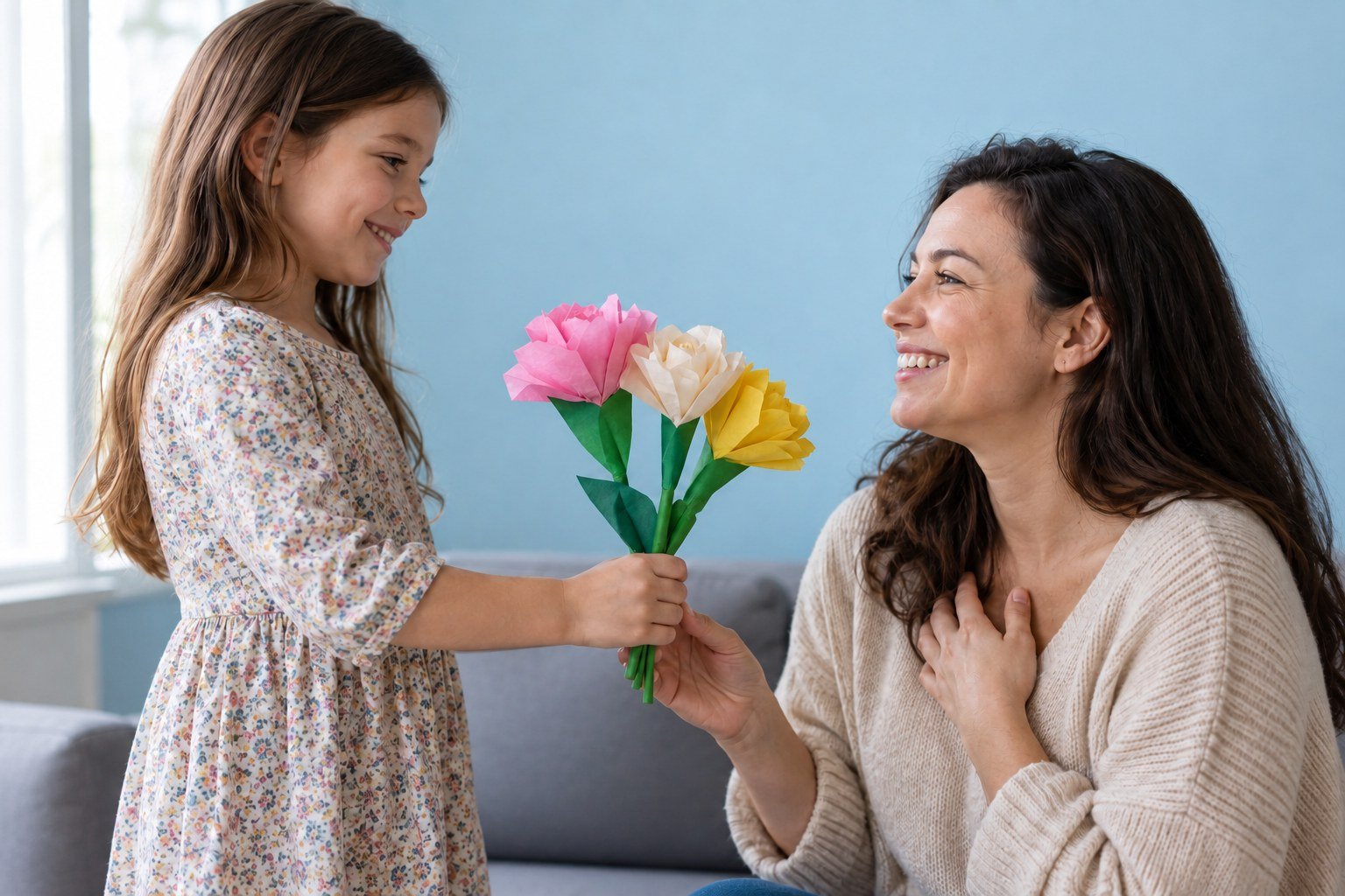 A child giving handmade paper flowers to their mother
