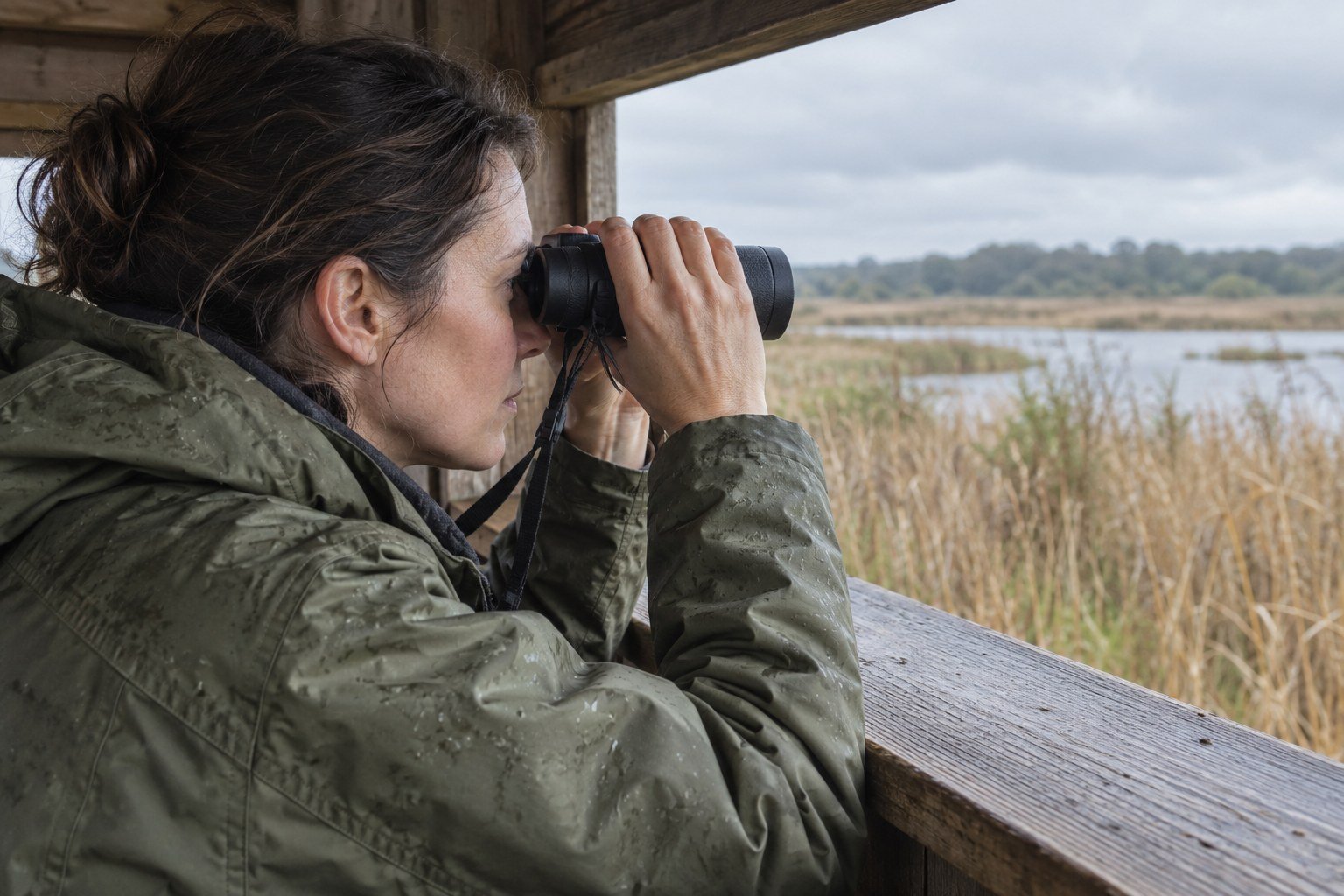 A birdwatcher using binoculars from a hide beside reed beds