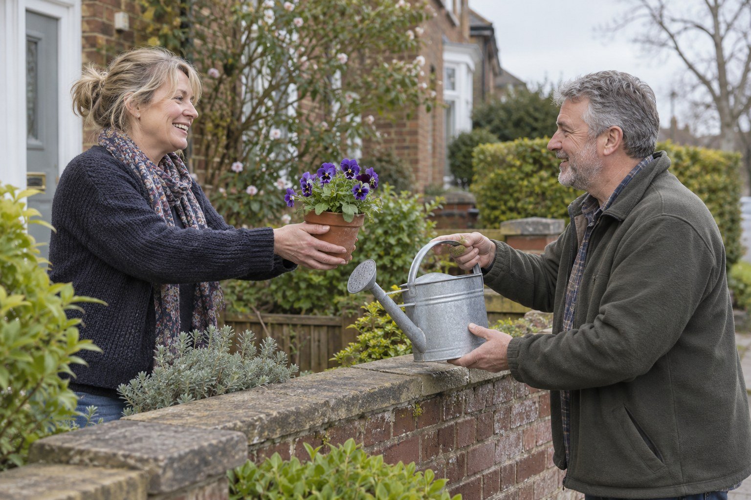 Two neighbours exchanging a flowering plant over a garden wall
