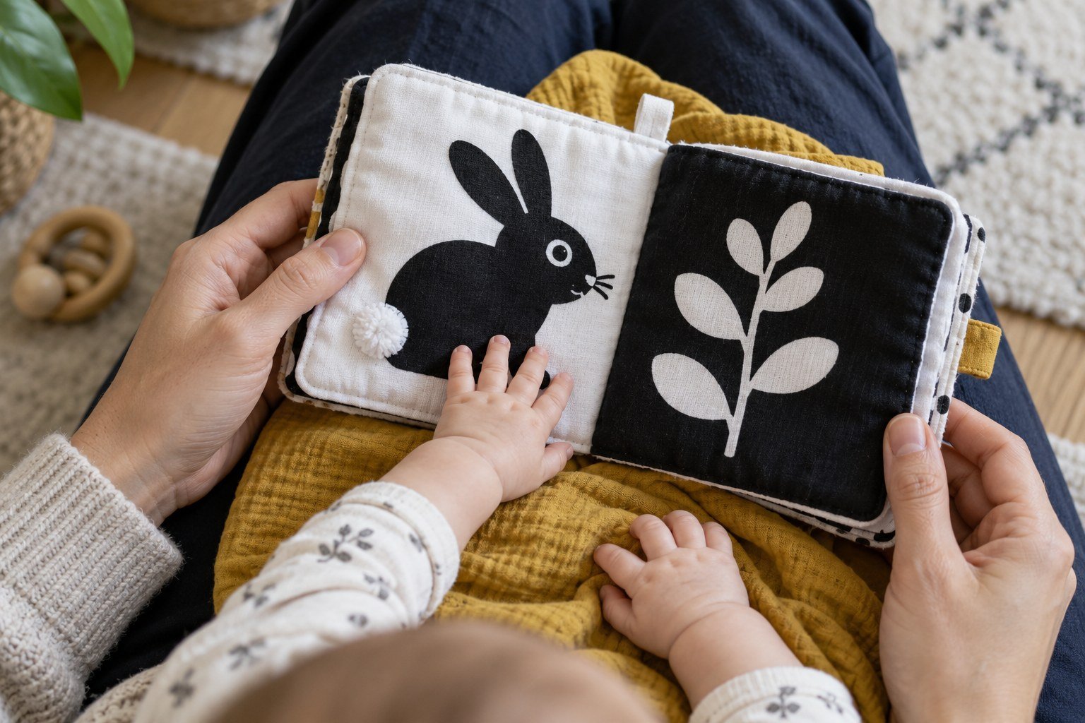 A baby reaching towards a soft cloth book held by an adult
