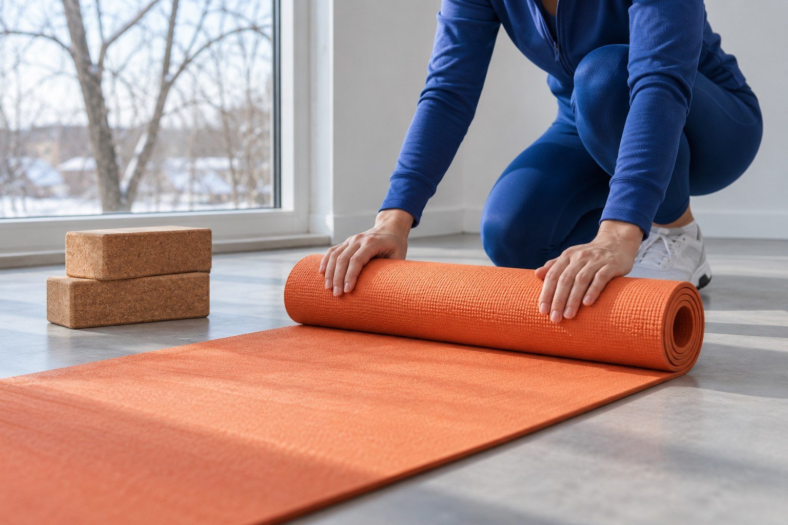 Rolling out a yoga mat beside cork blocks on a winter morning