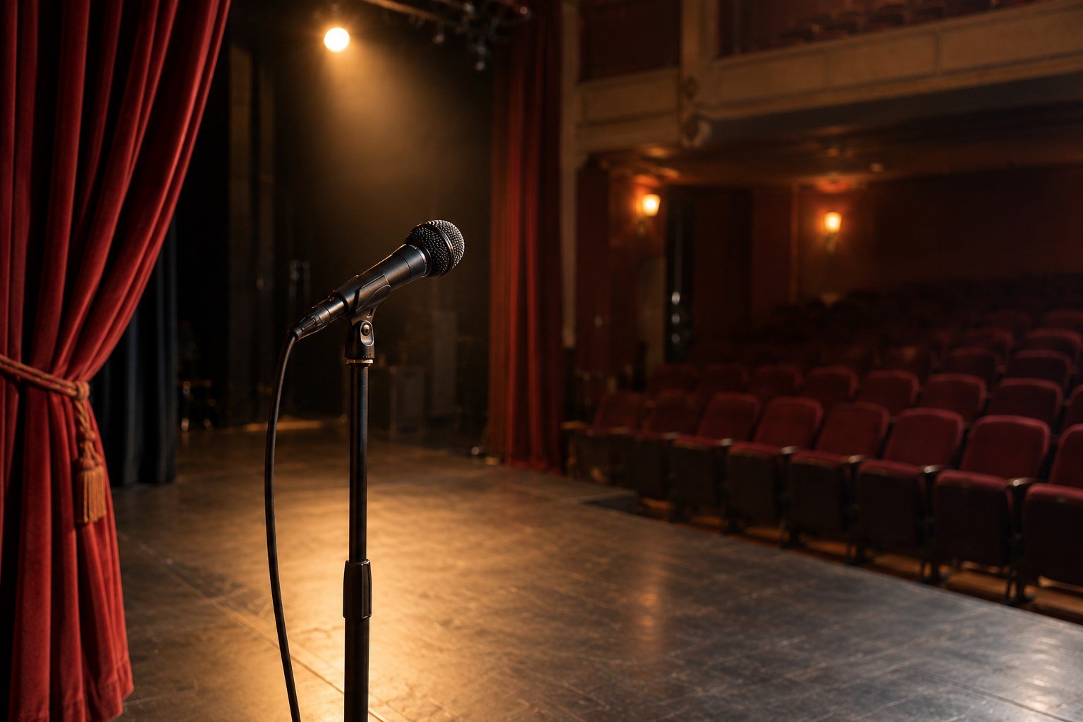 A microphone ready on a small theatre rehearsal stage
