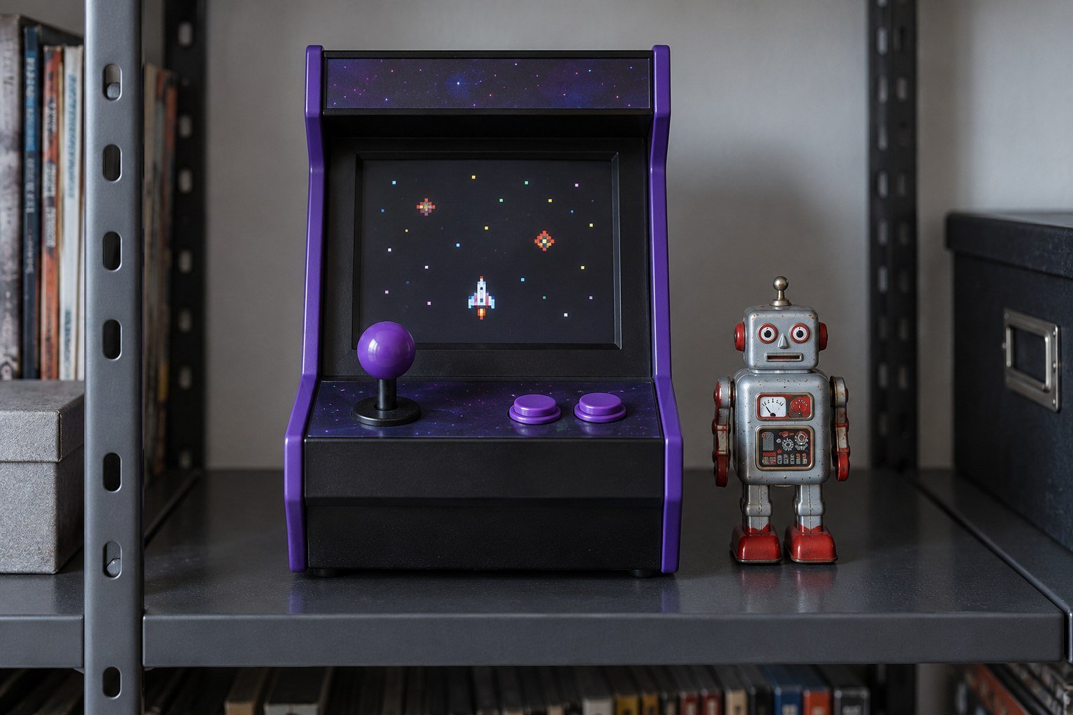 A small arcade cabinet and tin robot on a collector’s shelf