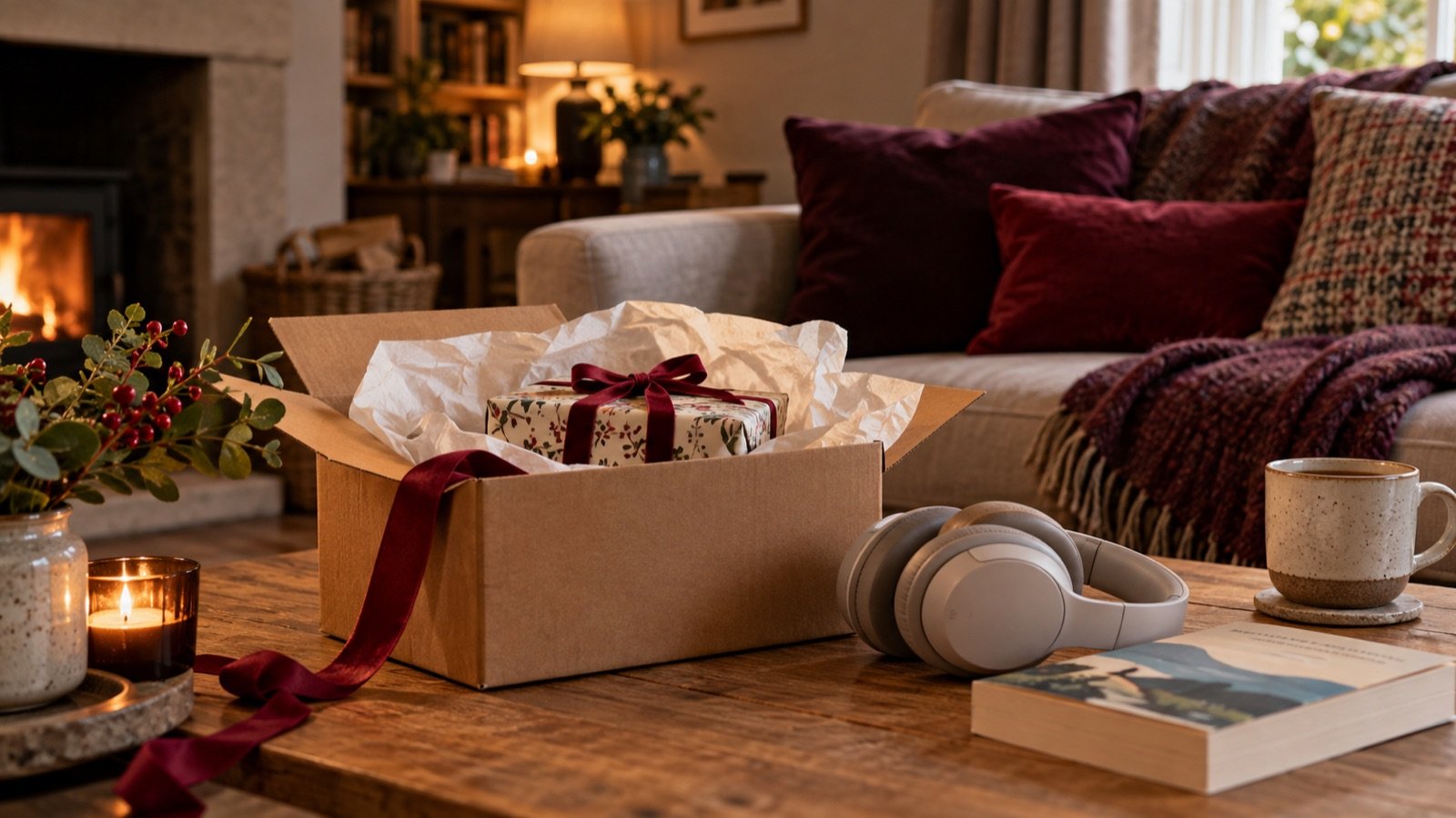 A wrapped gift in a delivery box beside headphones and a book