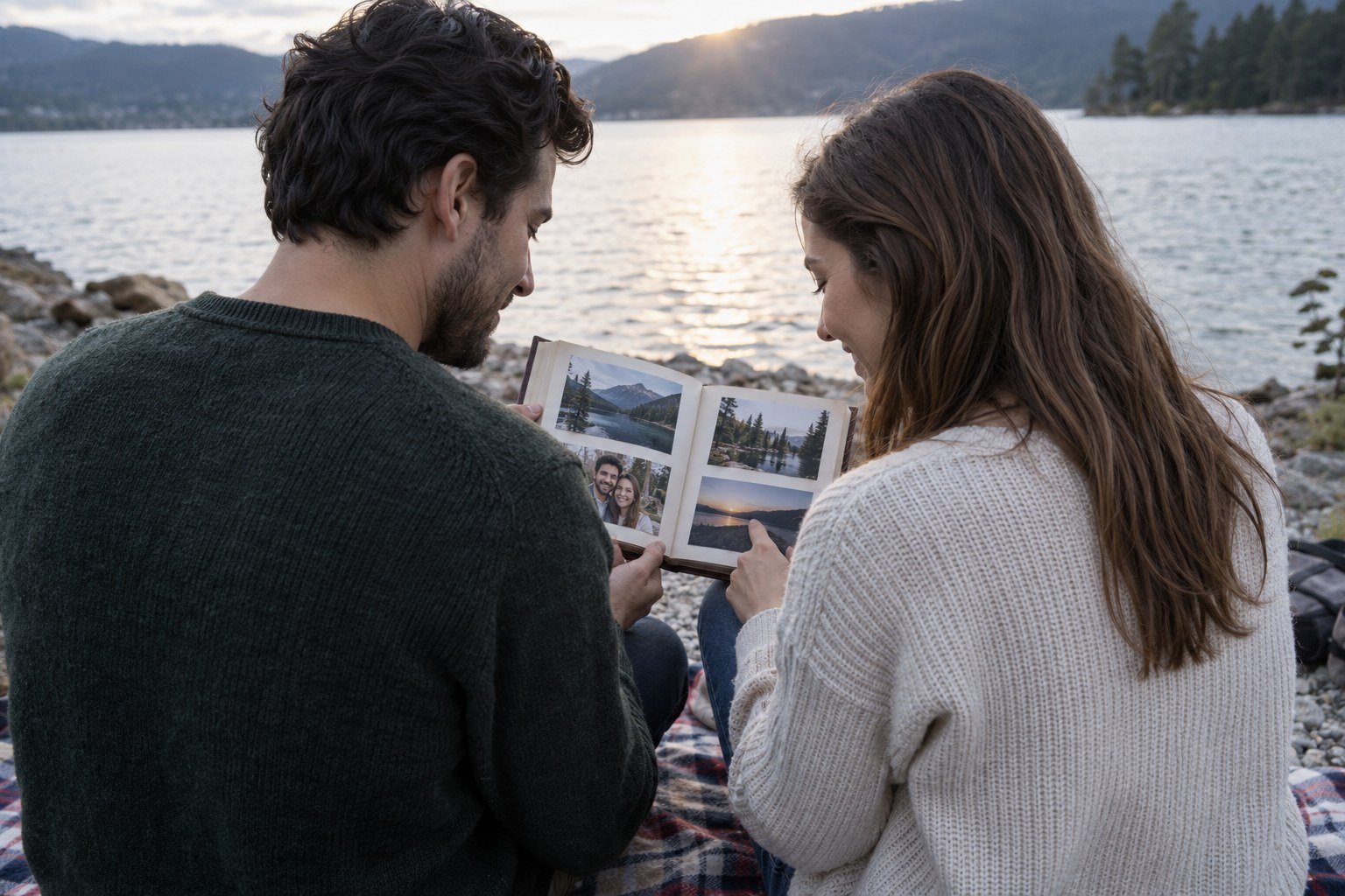 Two partners looking through a photo album beside a lake